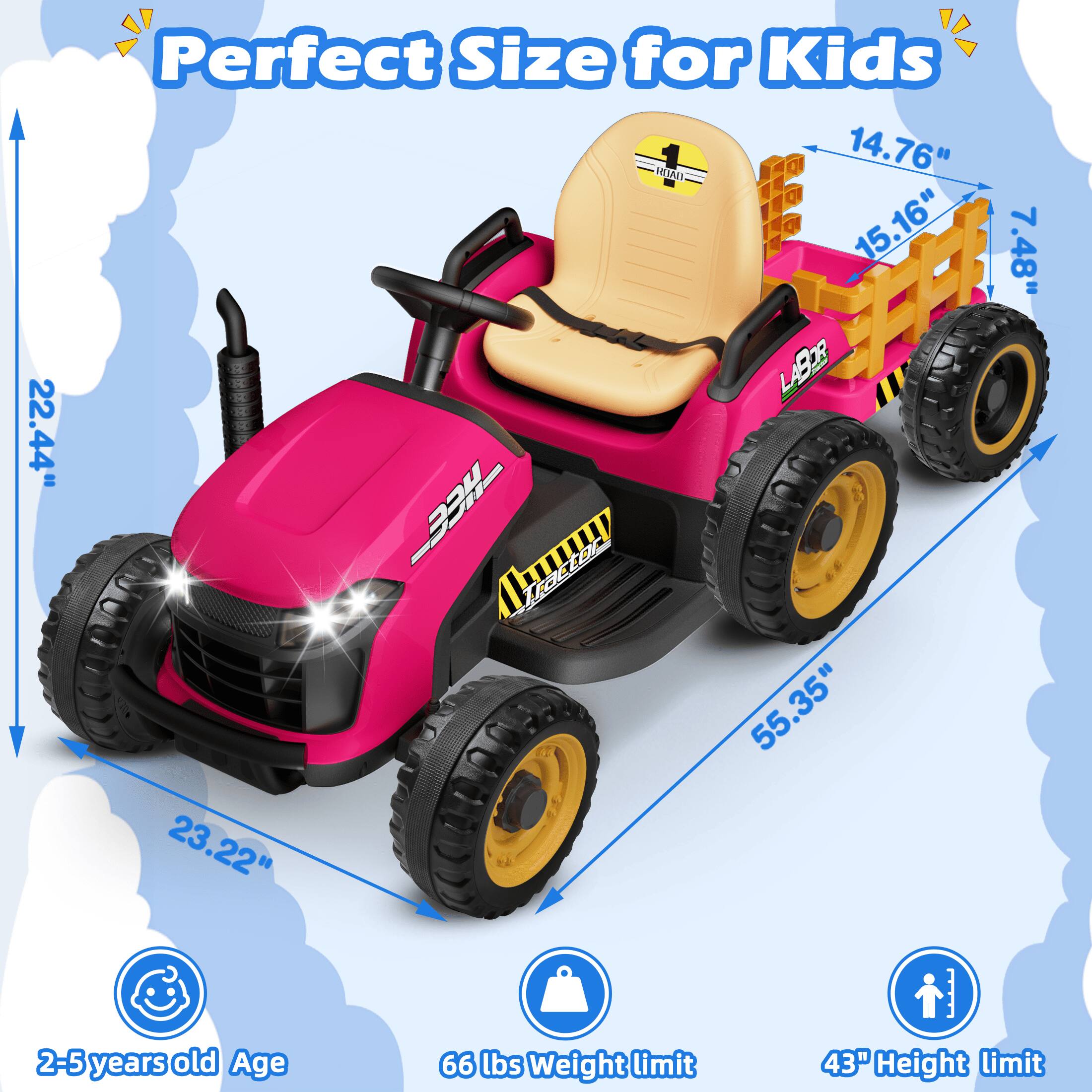 22.44"  
Perfect Size for Kids  
14.76" 15.16" LABOR -334- 55.35" 23.22"  
7.48"  
2-5 years old Age  
66 lbs Weight limit  
43" Height limit