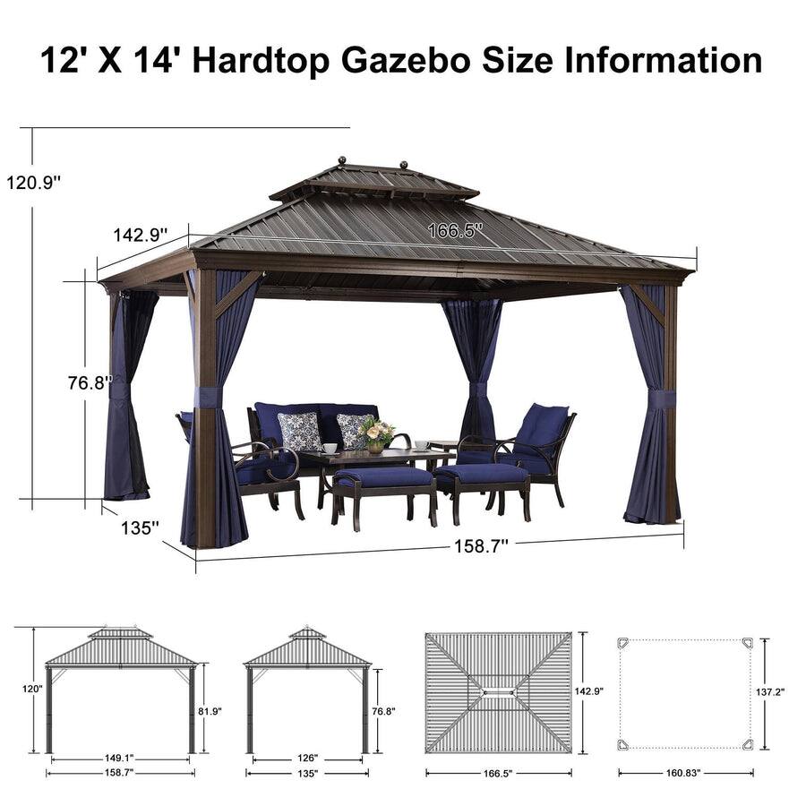 12' X 14' Hardtop Gazebo Size Information

- 120.9"
- 142.9"
- 166.5"
- 76.8"
- 135"
- 158.7"
- 120"
- 142.9"
- 137.2"
- 81.9"
- 76.8"
- 149.1"
- 158.7"
- 126"
- 135"
- 166.5"
- 160.83"
