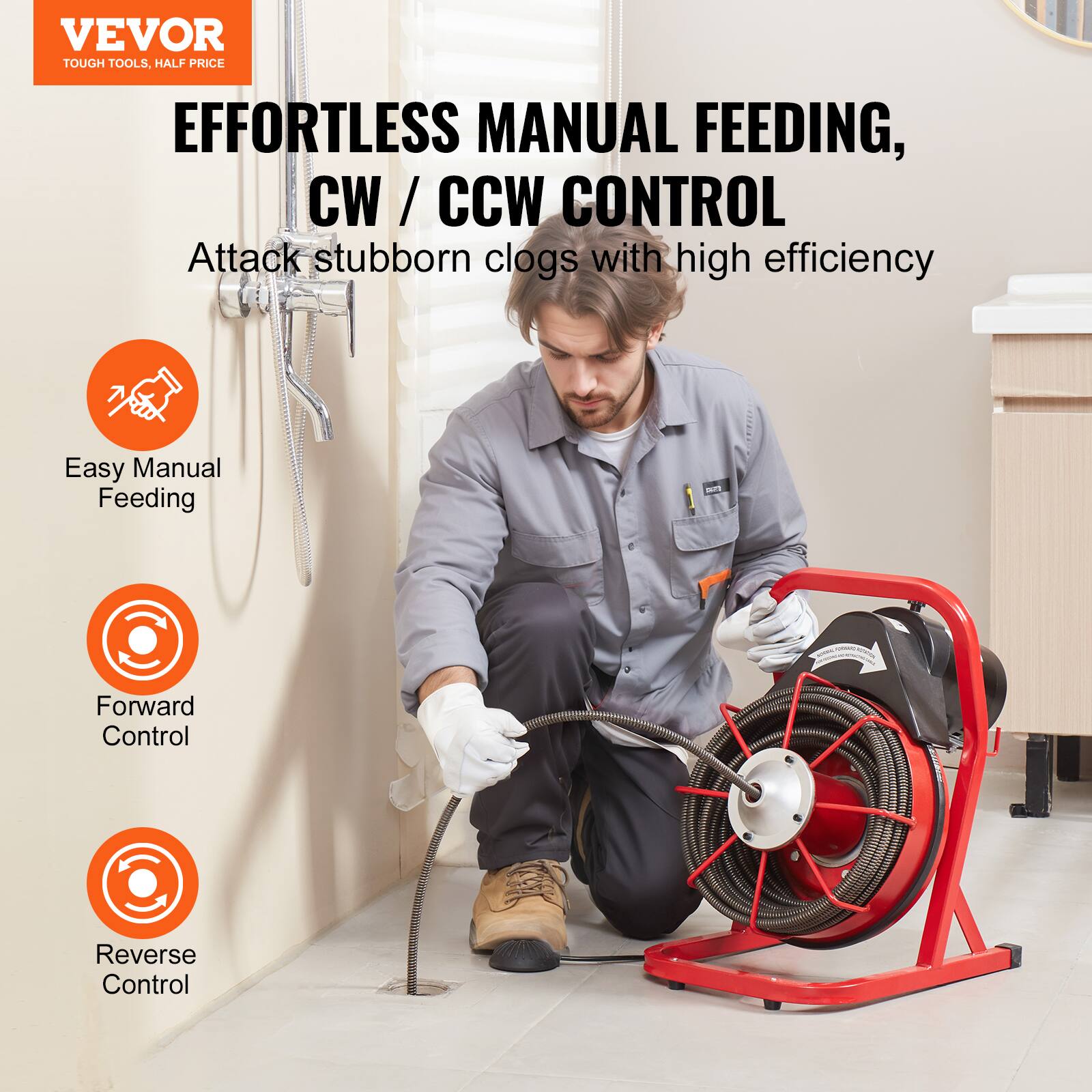 VEVOR TOUGH TOOLS, HALF PRICE
EFFORTLESS MANUAL FEEDING, CW / CCW CONTROL
Attack stubborn clogs with high efficiency
Easy Manual Feeding
Forward Control
Reverse Control