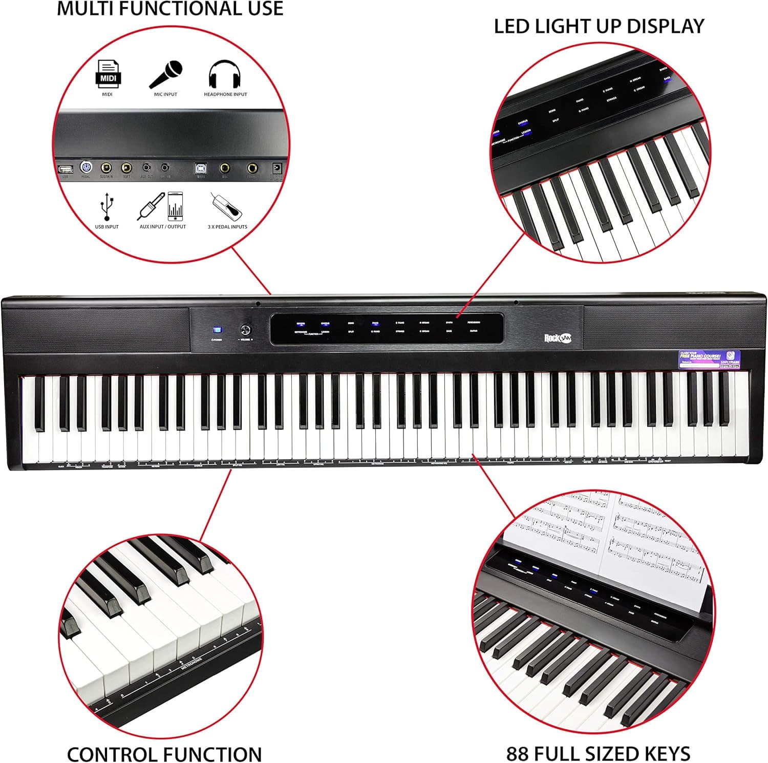 Rockjam - 88-Key Digital Piano w/ Sustain Pedal, Power Supply, Music Stand, Note Stickers & Lessons (DP88-V) - Black