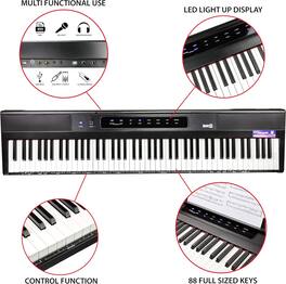 Rockjam - 88-Key Digital Piano w/ Sustain Pedal, Power Supply, Music Stand, Note Stickers & Lessons (DP88-V) - Black