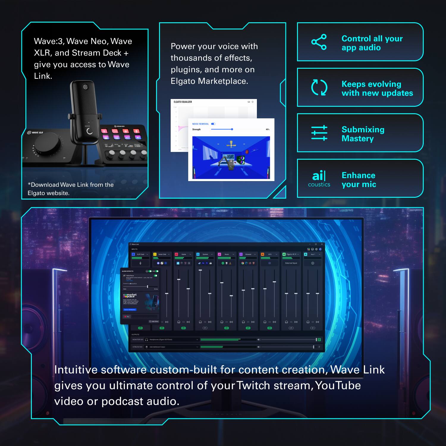 Wave:3, Wave Neo, Wave XLR, and Stream Deck + give you access to Wave Link. Power your voice with thousands of effects, plugins, and more on Elgato Marketplace. -O - 1 Control all your app audio Keeps evolving with new updates ee - - I - - Submixing Mastery Download Wave Link from the Elgato website. ail Enhance your mic I | I | : : 1 : . - + | - I . | p PET : 1 - - - - - - .. - - - - . - | Ta  | | Intuitive software custom-built for content creation, Wave Link gives you ultimate control of your Twitch stream, YouTube video or podcast audio.