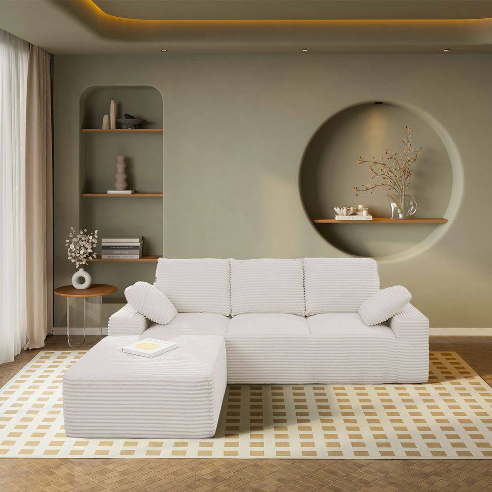 Left. Kadyn - 103.5" Cloud Modular Sectional, Modern Corduroy Chaise Lounge with Deep Comfort Seating, Off White - White.