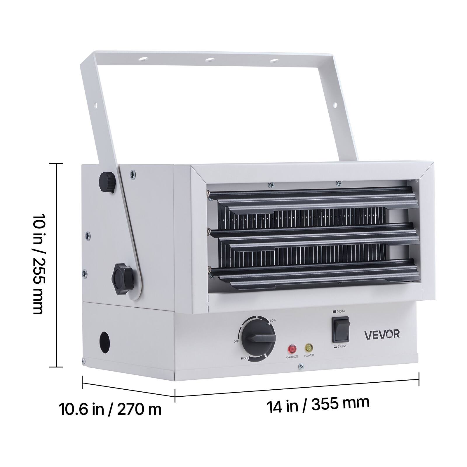 10 in / 255 mm  
OFF  
LOWN  
5000W 2500W  
VEVOR  
CAUTION POWER  
10.6 in / 270 mm  
14 in / 355 mm