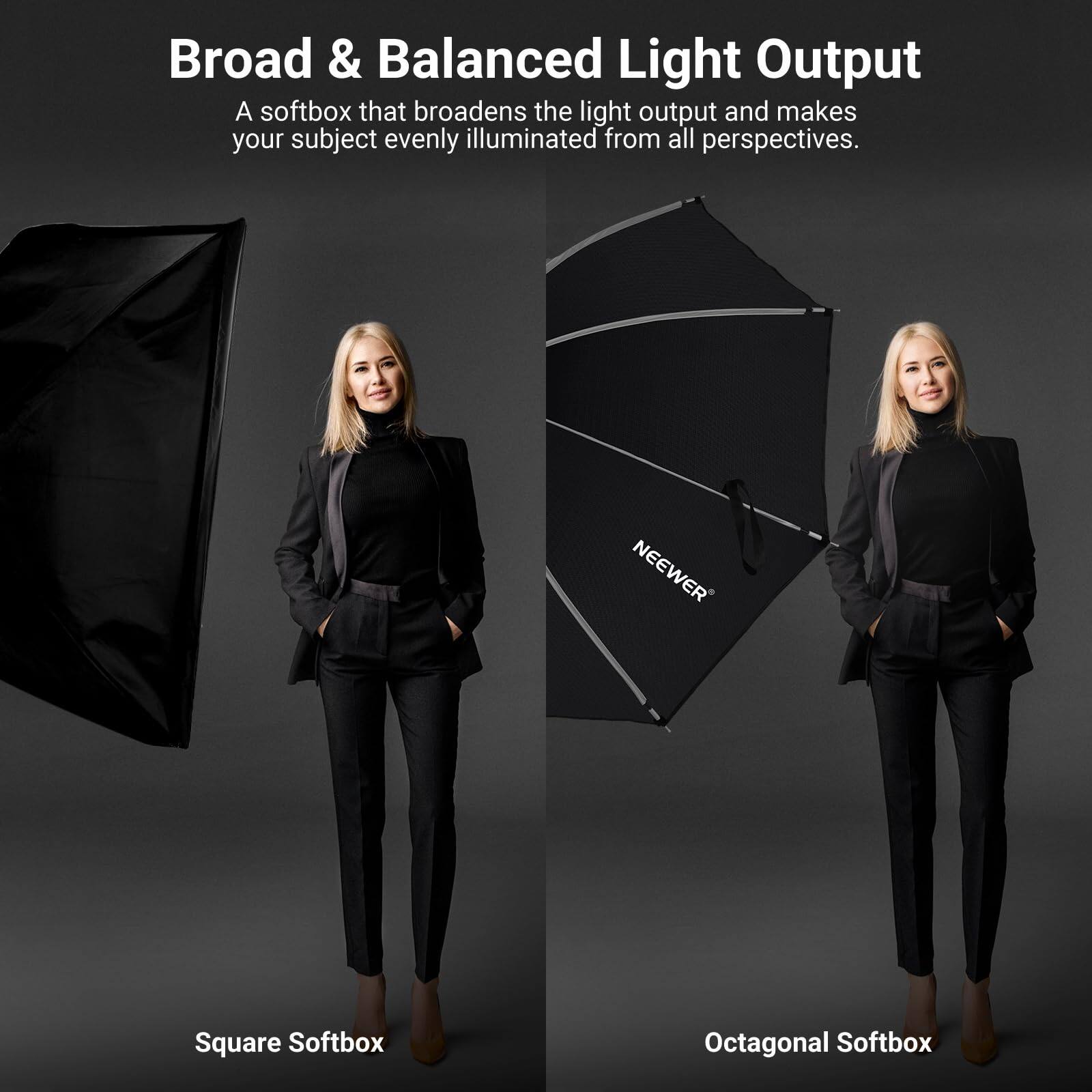Broad & Balanced Light Output  
A softbox that broadens the light output and makes your subject evenly illuminated from all perspectives.  

NEEWER Square Softbox  
Octagonal Softbox