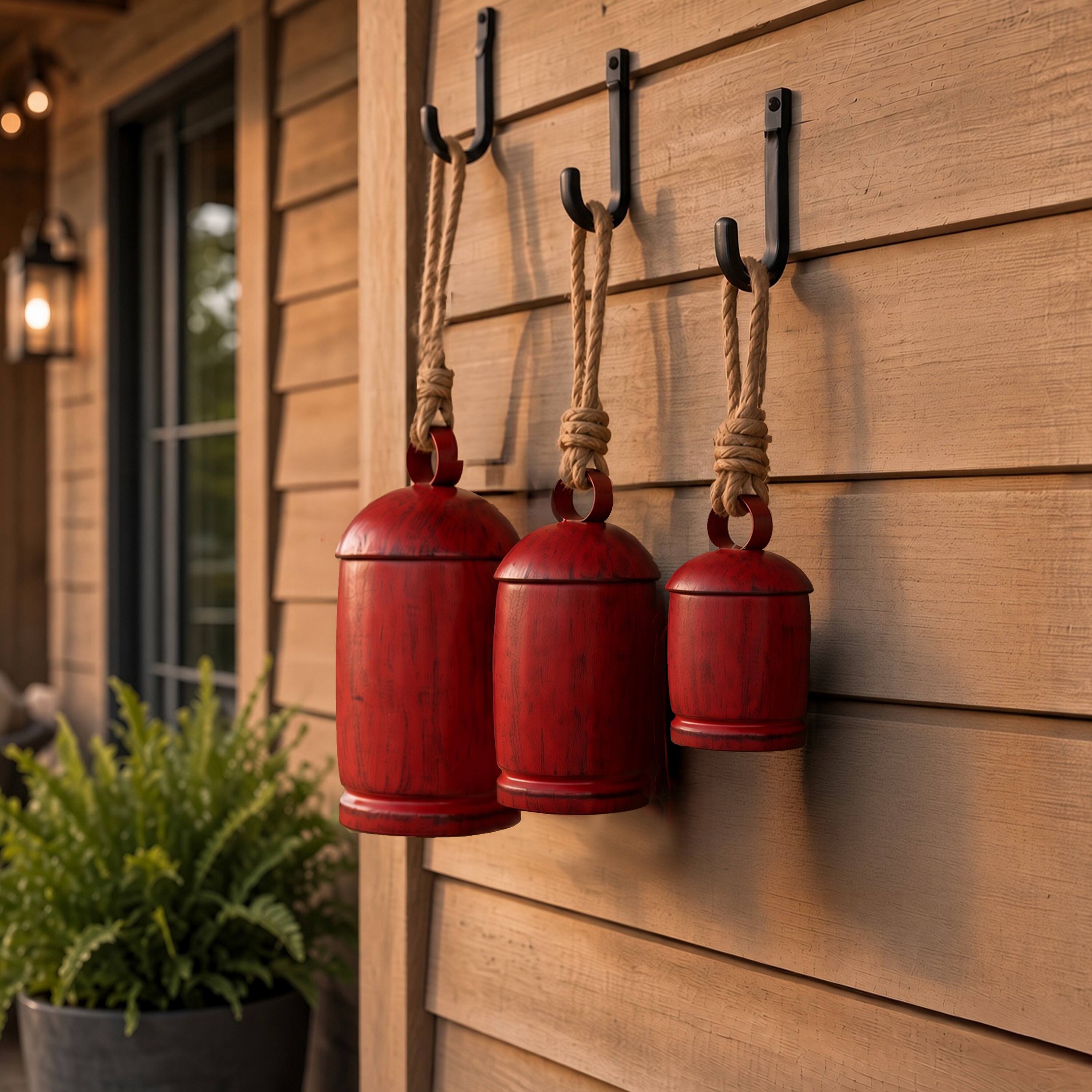 Alt View 3. Manhattan Lane - Set of 3 Cowbells Wall Hanging, Jute Rope, Rustic Boho Home Decor - Antique Red, Natural Brown.