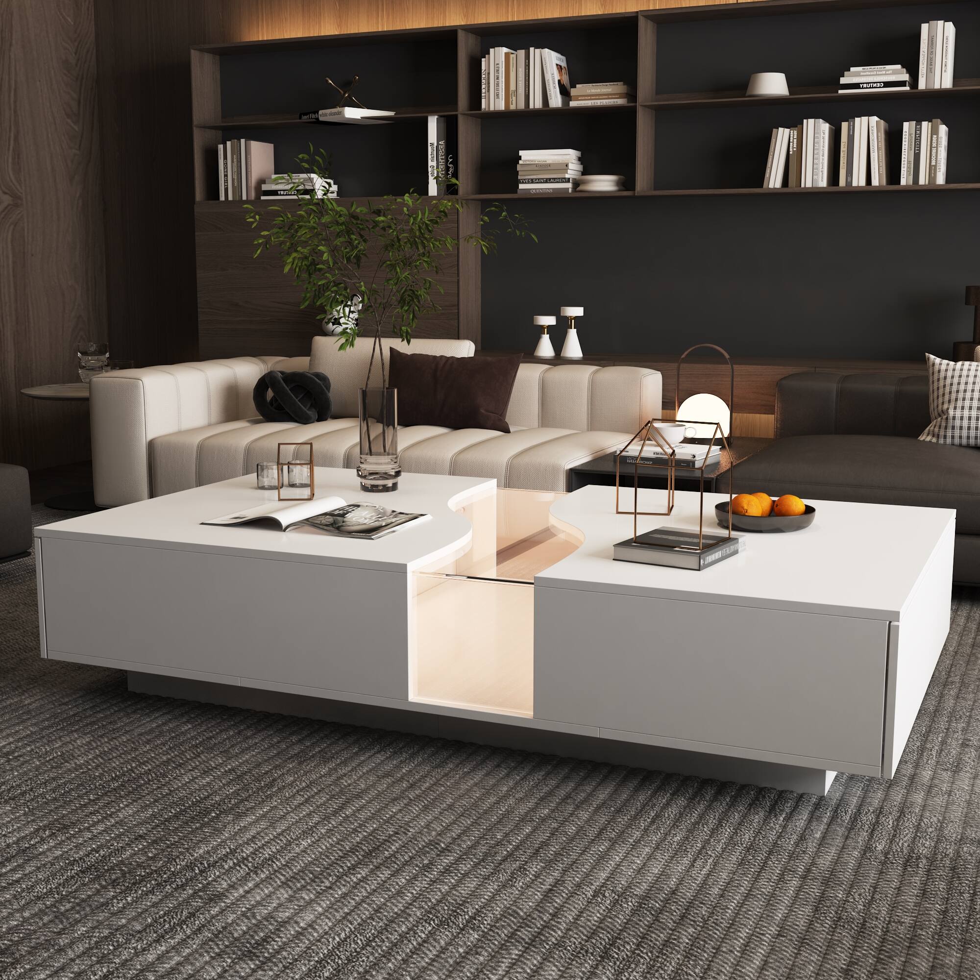 Back. FUFU & GAGA - Modern Irregular Coffee Table with LED Ambient Lighting, Hidden Drawers and Open Storage for Living Room - White.