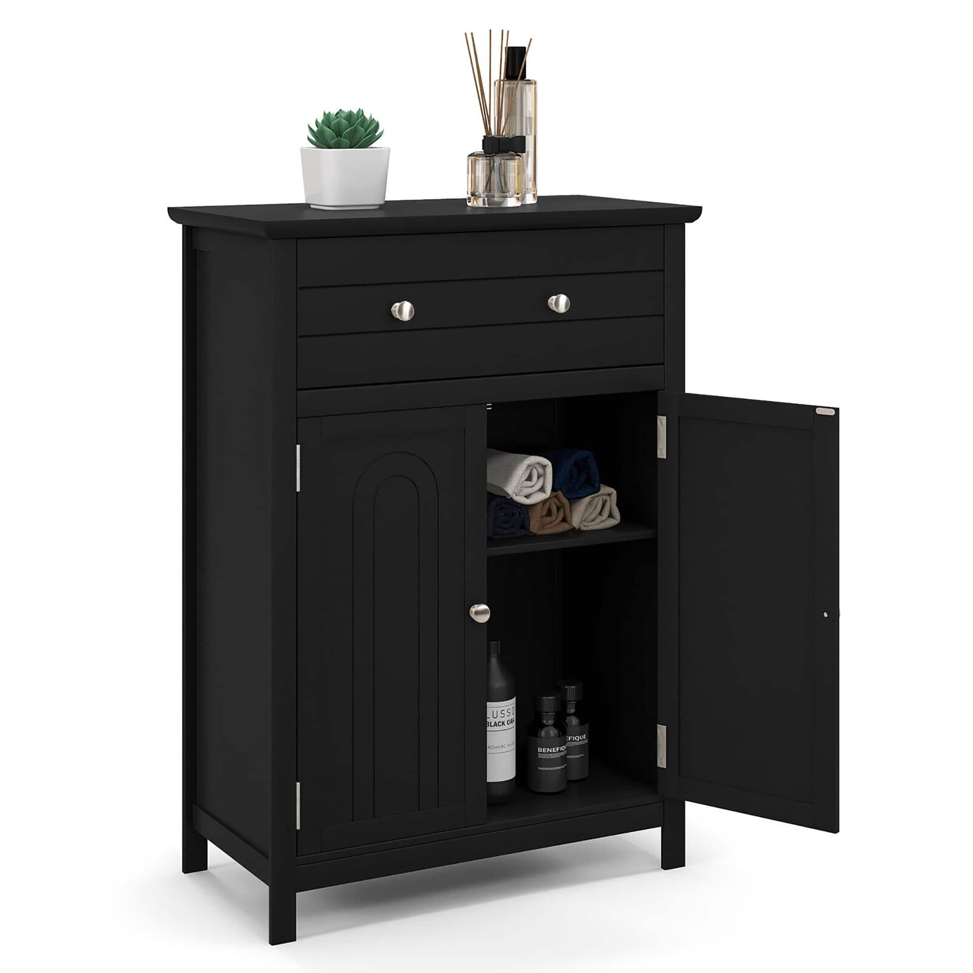 Gymax - Bathroom Floor Cabinet Wooden Storage Organizer with Drawer & Doors Blcak - Black price history on PriceWatchPro