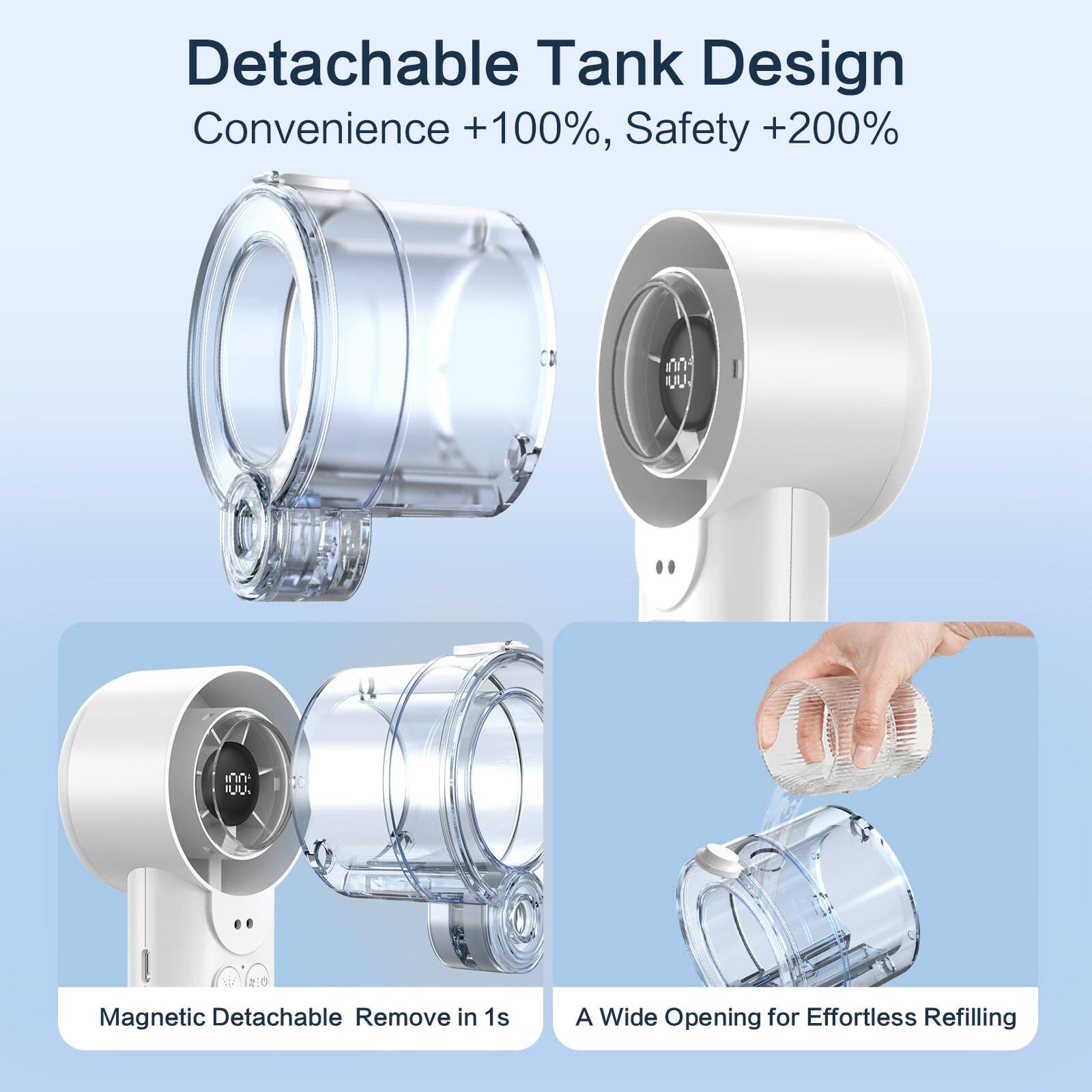 Detachable Tank Design  
Convenience +100%, Safety +200%  

Magnetic Detachable Remove in 1s  
A Wide Opening for Effortless Refilling