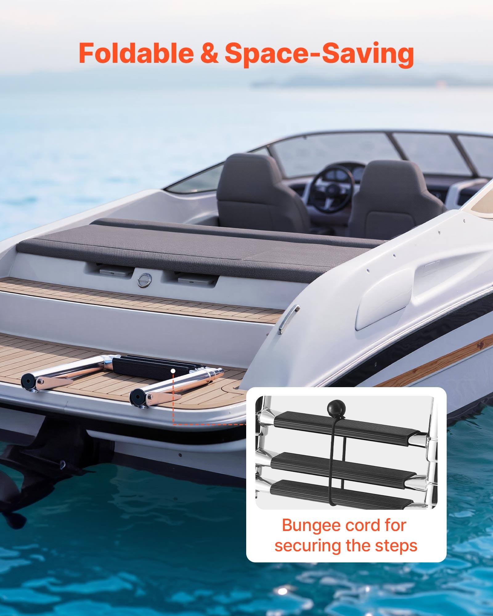 Foldable & Space-Saving

Bungee cord for securing the steps