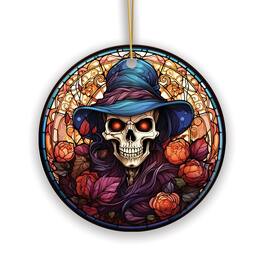 OrnamentallyYou - Elegant Skull with Blue Hat Stained Glass Style Ceramic Ornament Halloween Themed Christmas Gift - Multi-colored