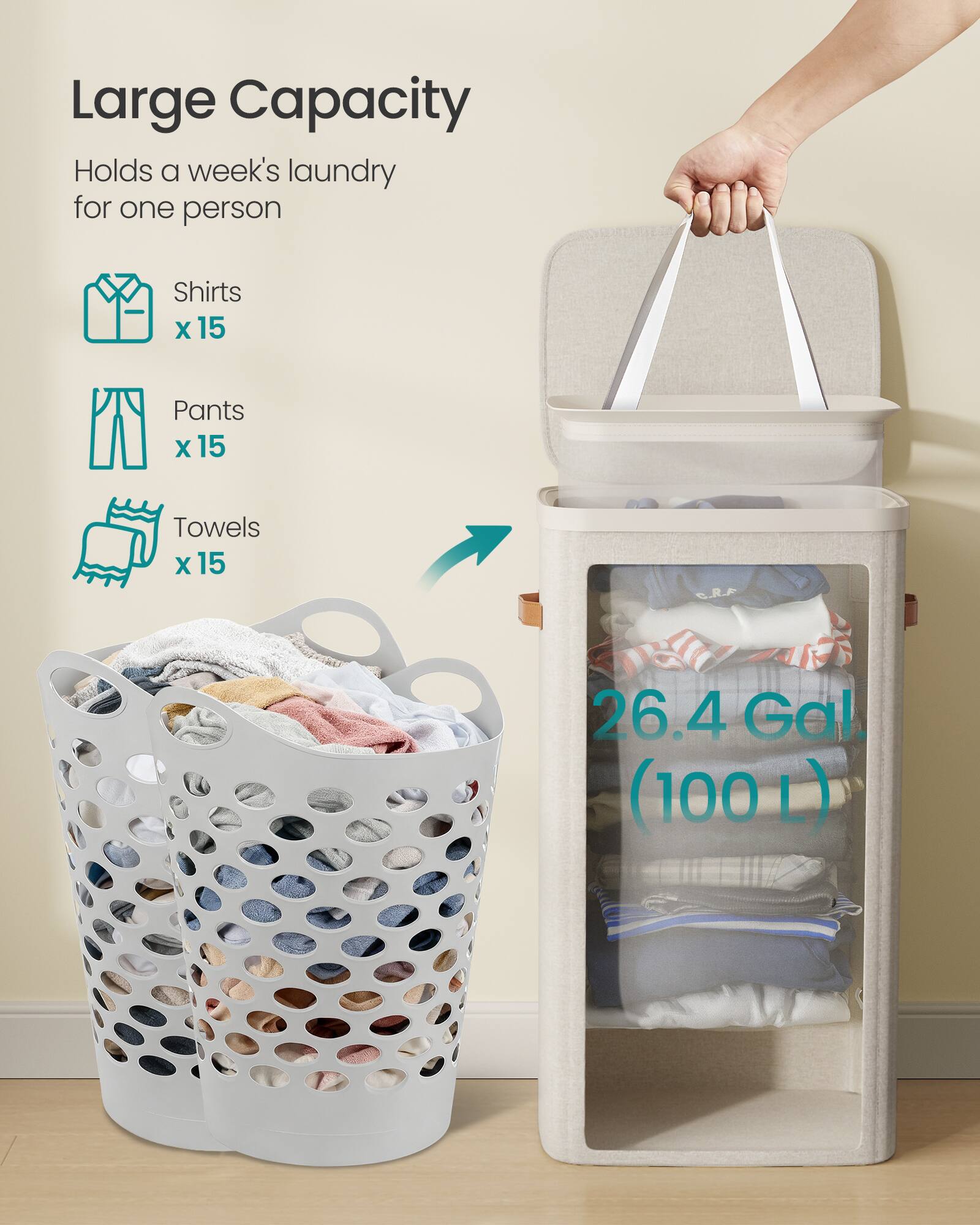 Large Capacity  
Holds a week's laundry for one person  
Shirts x 15  
Pants x 15  
Towels x 15  
26.4 Gal. (100 L)