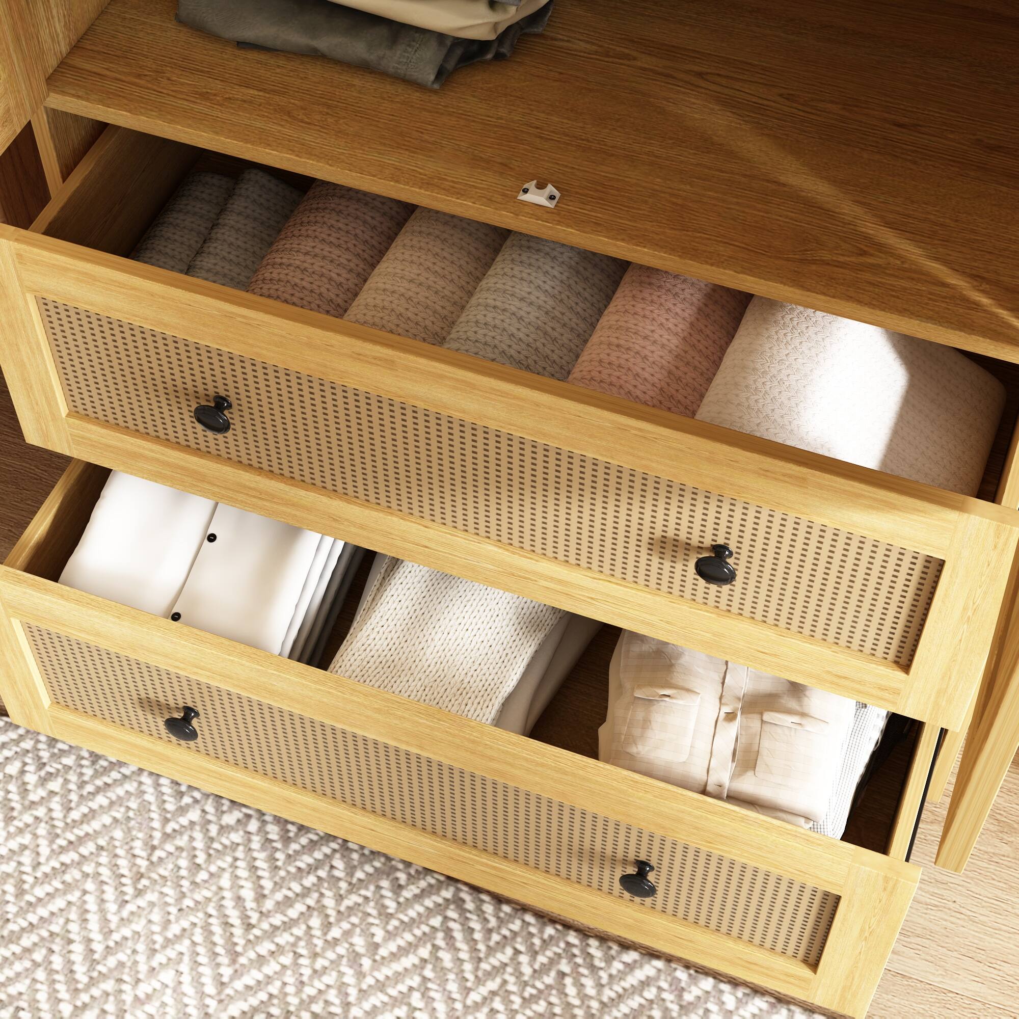 Alt View 1. Famapy - Rattan & Wood Grain Double Door Wardrobe – Natural Style Closet with Hanging Rods, Drawers & Silent Rails - Wooden.