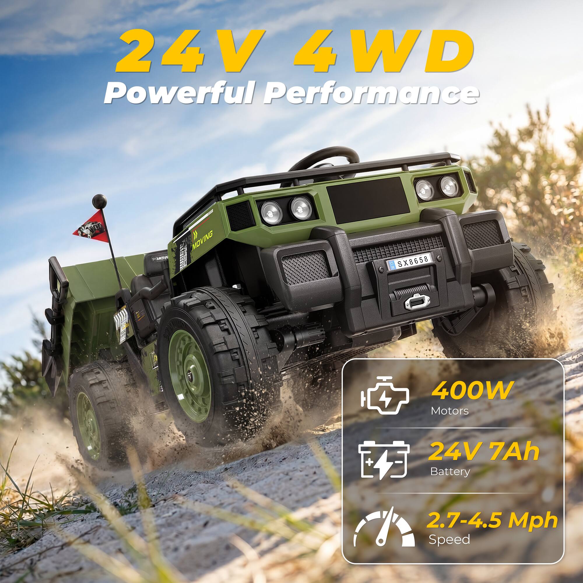 24V 4WD Powerful Performance  
MOVING  
SX8658  
400W Motors  
24V 7Ah Battery  
2.7-4.5 Mph Speed
