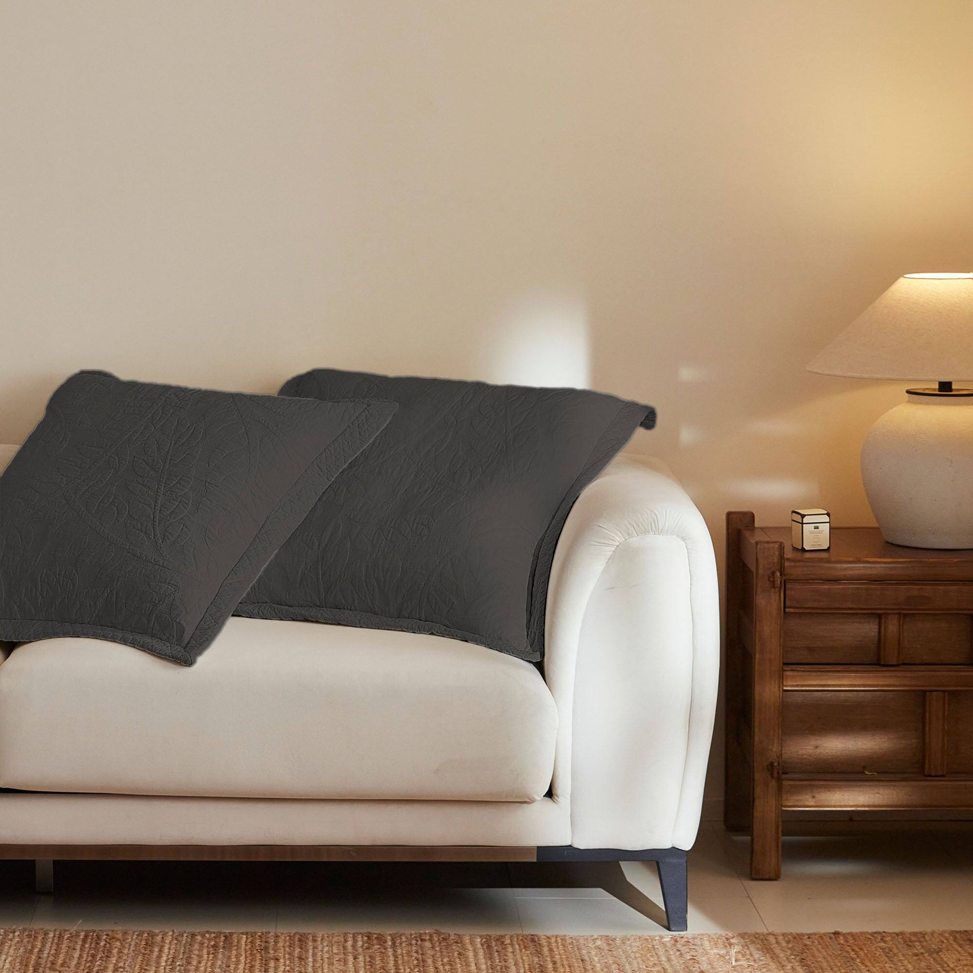 Left. MarCielo - 100% Cotton Embroidered Quilted Pillow Shams Set of 2, 26"x26" Euro Size - Dark Grey.