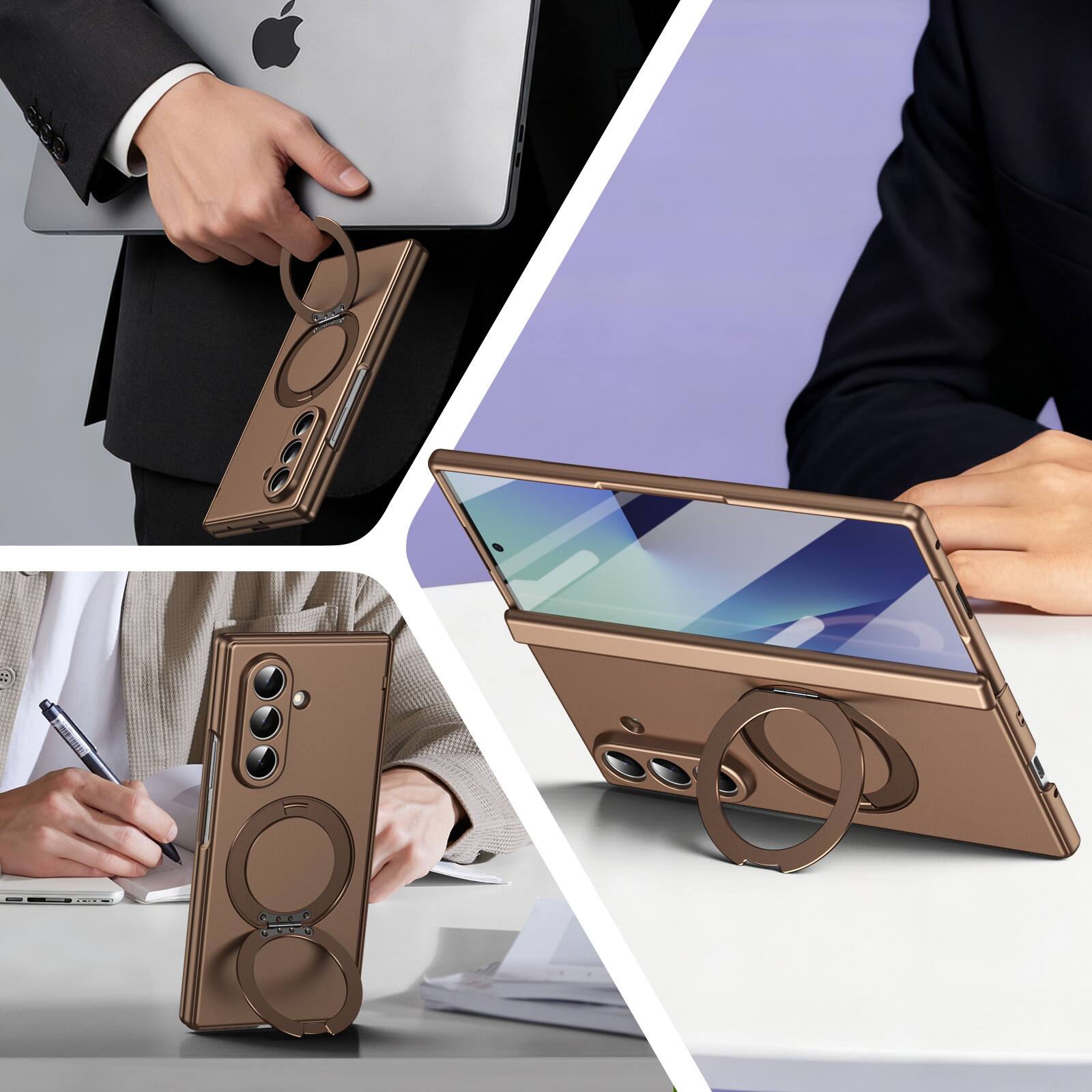 Angle. Dteck - For Samsung Galaxy Z Fold 7 Rugged Case With Screen Protector, Shockproof Magnetic Ring Stand Hinge Protection Cover - Gold.
