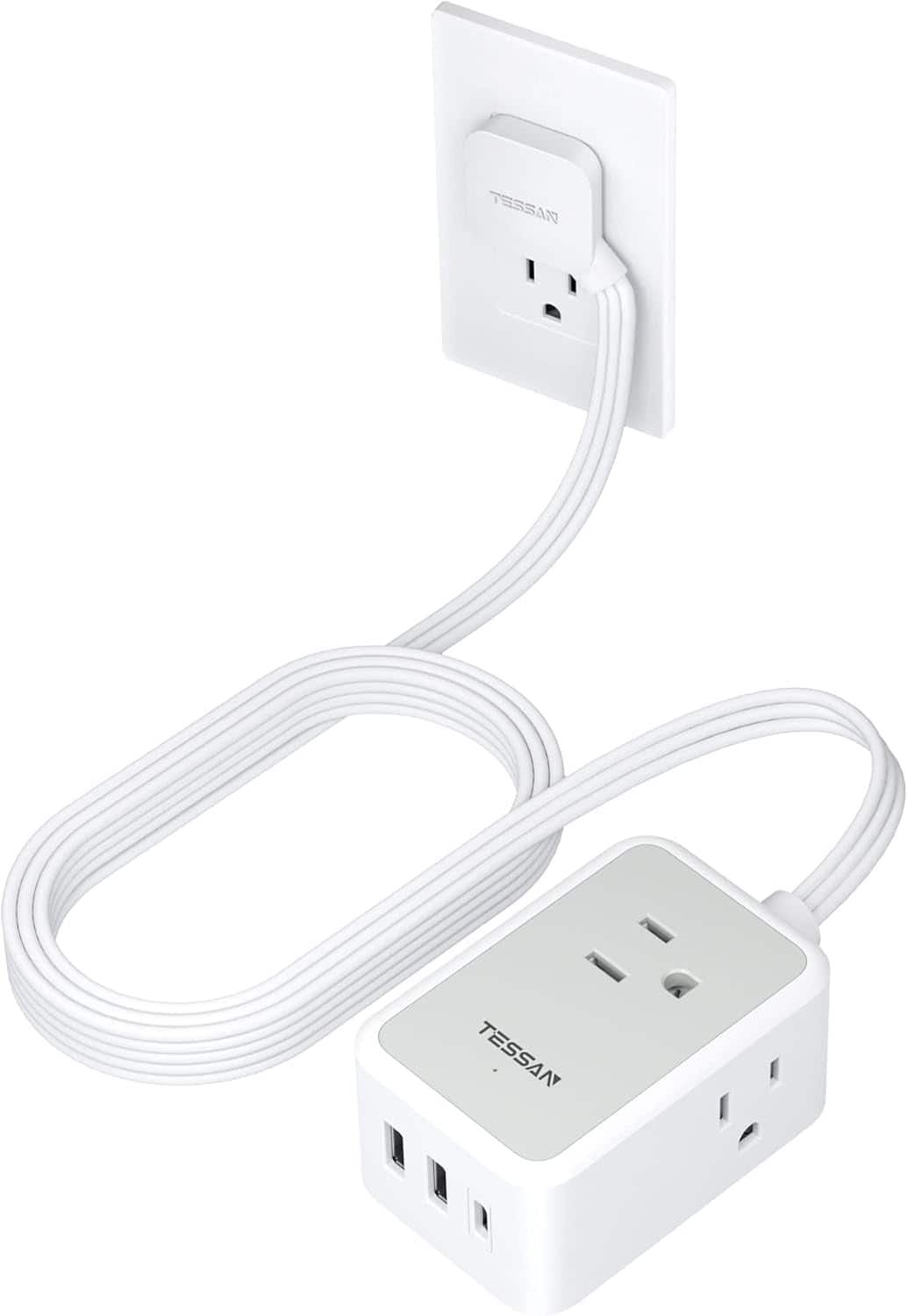 TESSAN - 10 Ft Thin Flat Extension Cord Plug,Power Strip with 3 Outlets and 3USB(1USB-C),Grey - Gray