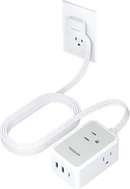 TESSAN - 10 Ft Thin Flat Extension Cord Plug,Power Strip with 3 Outlets and 3USB(1USB-C),Grey - Gray