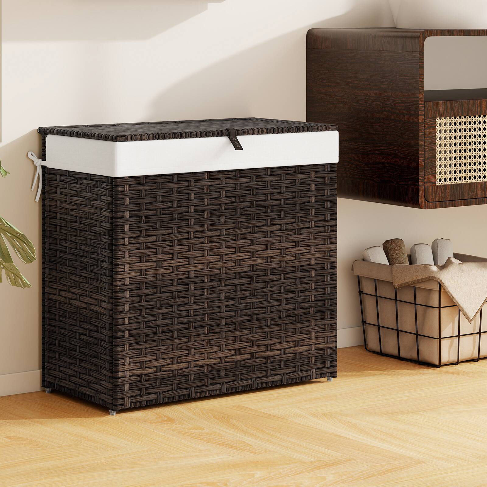 Alt View 3. Gymax - Gymax Laundry Hamper w/Wheels & Lid 125L 3-Section Clothes Hamper w/2 Liner Bags Brown - Brown.