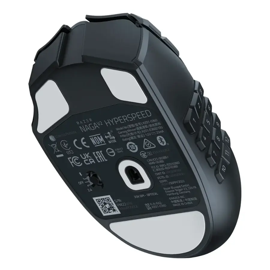 The text on the image reads:

"3 1 6 RAZER NAGAV2 HYPERSPEED No -0360  1 5 9 Model -036001 100 Gaming Mousel RZ01 25mA CCAH21LP100000K  15V = CCAH21 P/Nol   A NOM CE Ratting De 8 12 CE NYCE  R39212 10 052 Rus XXX-XXXXXXX 1 11 UK EAC CES-003(E) - FC CA CAN 00389 NMB O.RWO-RZ010360 RZ0 10360 FOC D RWO 10300 C80920 RZO 10 K 0:000000000 CMT XX000000000 IFETELID OFF SOPPI 750PPU 2022 30000 GmbH Razer (Europe) 23. 22419 24 Essener Bogen OPTICAL Hamburg Germany 3OK DPI CRAZER INC. S/N: PM22WW R R-R-RAZ- MADE IN CHINA AAAXX RZ01-0360"

The text is grouped as follows:

1. 3 1 6 RAZER NAGAV2 HYPERSPEED No -0360  1 5 9 Model -036001 100 Gaming Mousel RZ01 25mA CCAH21LP100000K  15V = CCAH21 P/Nol   A NOM CE Ratting De 8 12 CE NYCE  R39212 10 052 Rus XXX-XXXXXXX 1 11 UK EAC CES-003(E) - FC CA CAN 00389 NMB O.RWO-RZ010360 RZ0 1