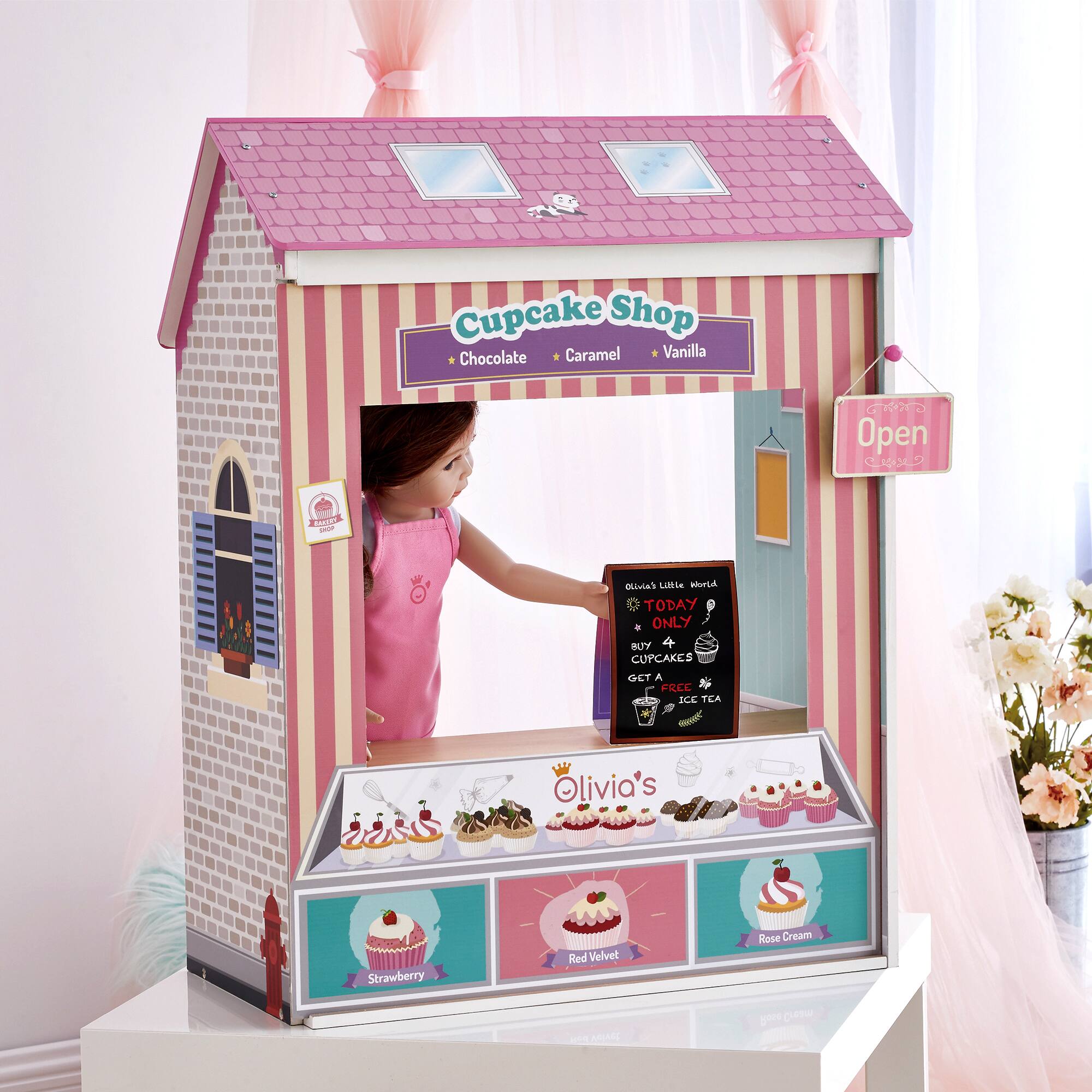 P Cupcake Shop Chocolate Caramel Vanilla G R Open 1 -d OLivieh L Wor TODAY . ONLY BUY 4 CUPCAKES HCT A FREE ICE TEA  Olivia's Strawberry Red Velvet Rose Cream