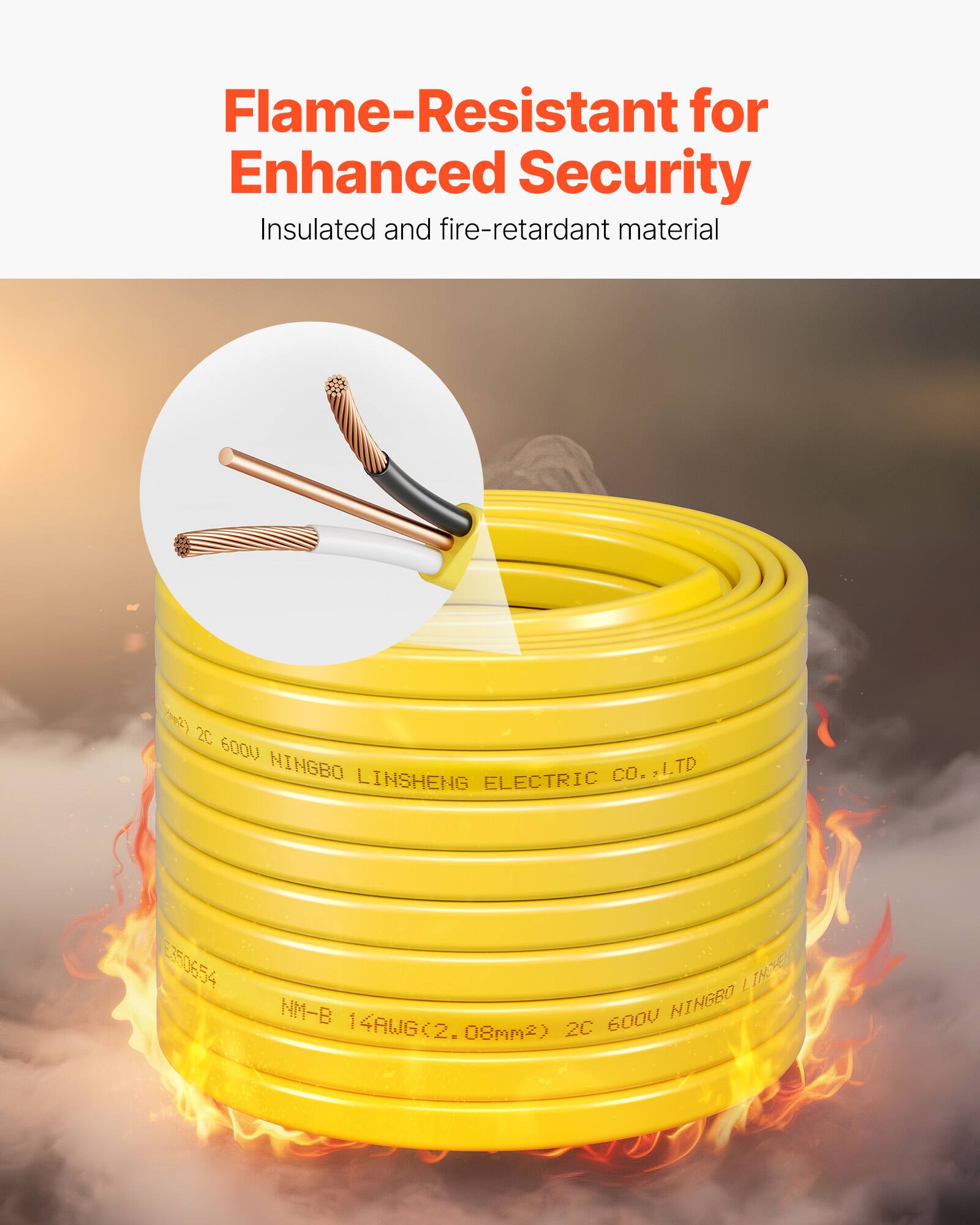 Flame-Resistant for Enhanced Security  
Insulated and fire-retardant material  

2C 600V NINGBO LINSHENG ELECTRIC CO., LTD  
E350654  
L 31  
NM-B 14AWG(2.08mm²)  
2C