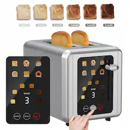 WHALL - 2-Slice Touchscreen Toaster: Stainless Steel with Digital Timer,Sound, 6 Bread Types, 6 Shade Settings, Extra Wide - Silver