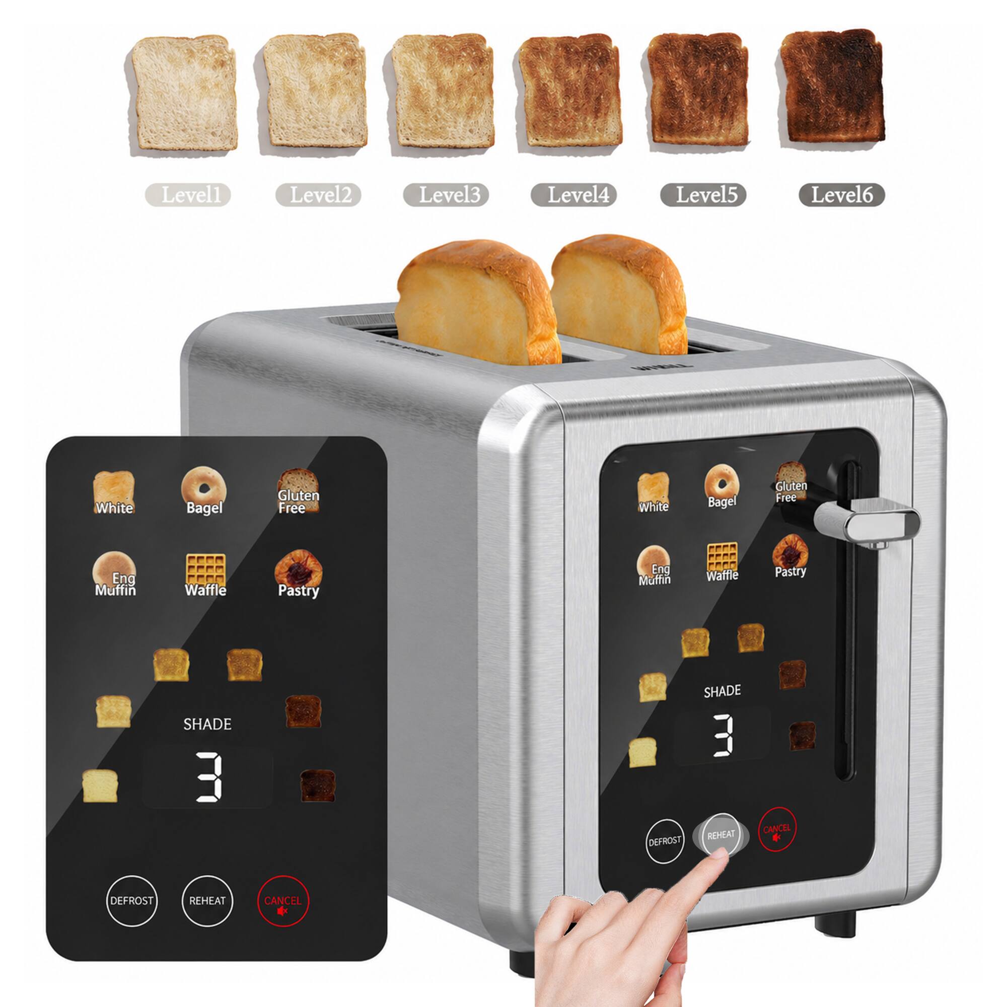 Level1 Level2 Level3 Level4 Level5 Level6  
White Bagel Gluten Free  
White Bagel Gluten Free  
Eng Muffin Waffle Pastry  
Eng Muffin FRd Wattle Pastry  
SHADE 3  
DEFROST REHEAT CANCEL