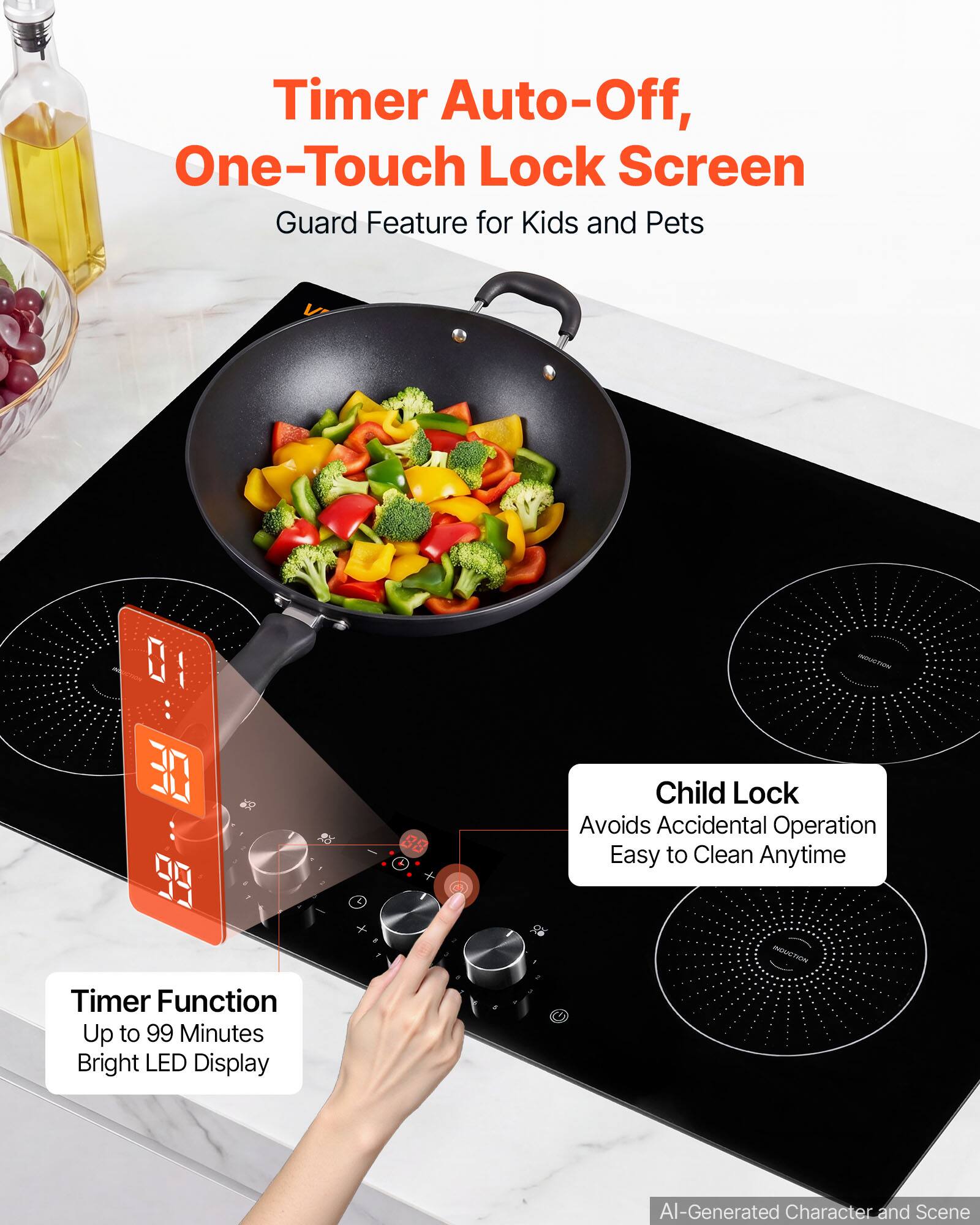 Timer Auto-Off, One-Touch Lock Screen Guard Feature for Kids and Pets

Child Lock Avoids Accidental Operation Easy to Clean Anytime

Timer Function Up to 99 Minutes Bright LED Display

INDUCTION

AI-Generated Character and Scene