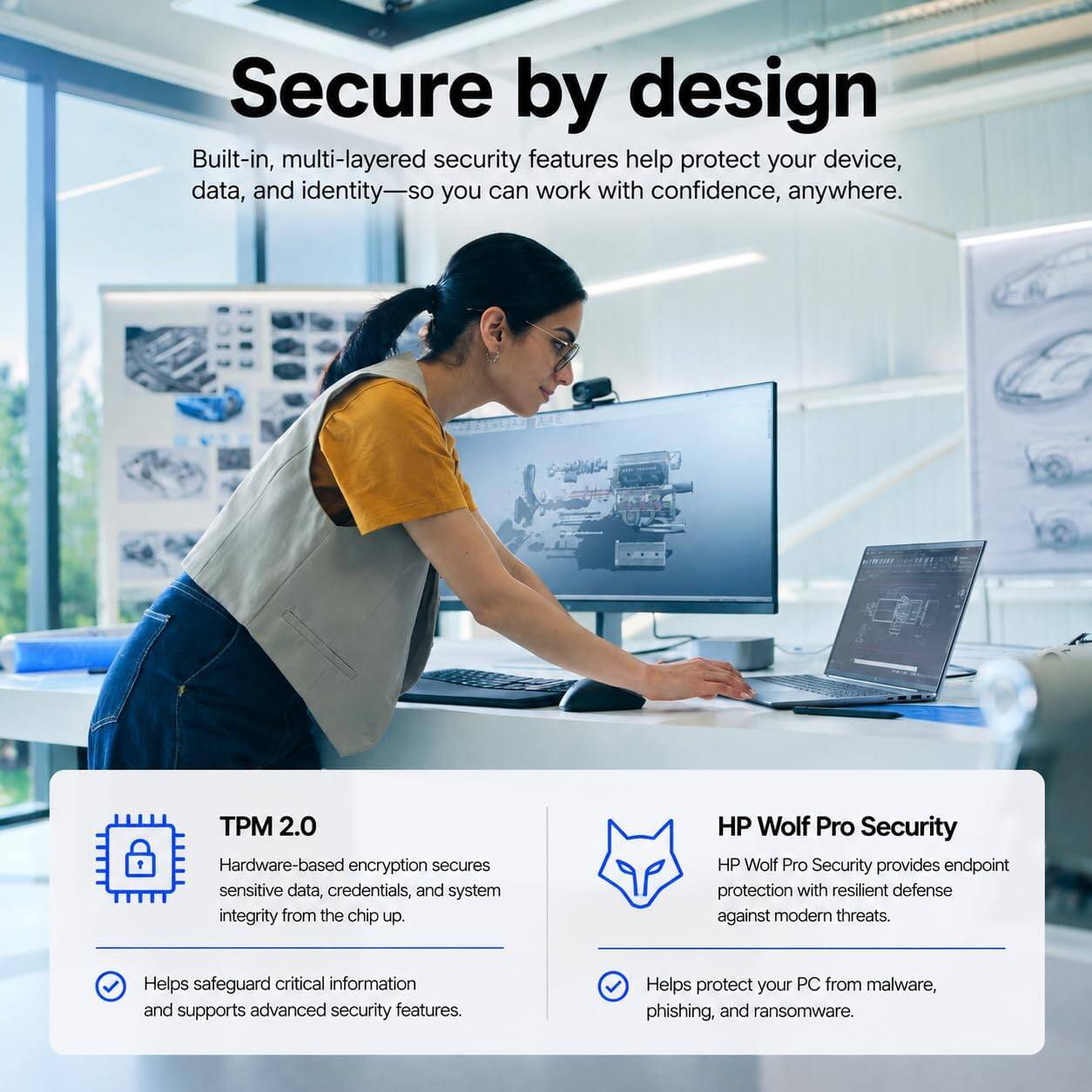 Secure by design

Built-in, multi-layered security features help protect your device, data, and identity—so you can work with confidence, anywhere.

TPM 2.0
Hardware-based encryption secures sensitive data, credentials, and system integrity from the chip up.
Helps safeguard critical information and supports advanced security features.

HP Wolf Pro Security
HP Wolf Pro Security provides endpoint protection with resilient defense against modern threats.
Helps protect your PC from malware, phishing, and ransomware.