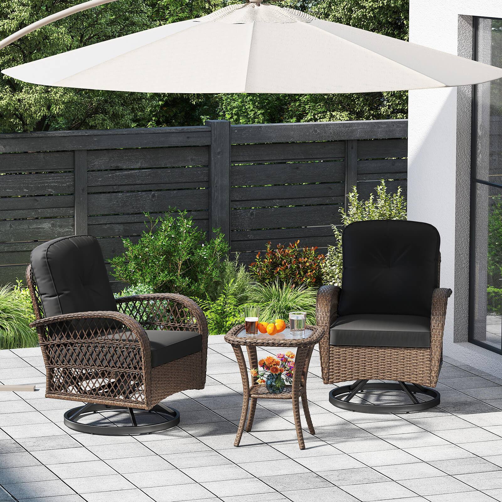Alt View 4. Costway - Costway 3 PCS Patio Swivel Rocker Set Gliding Bistro Furniture Set with Tempered Glass Table - Black.