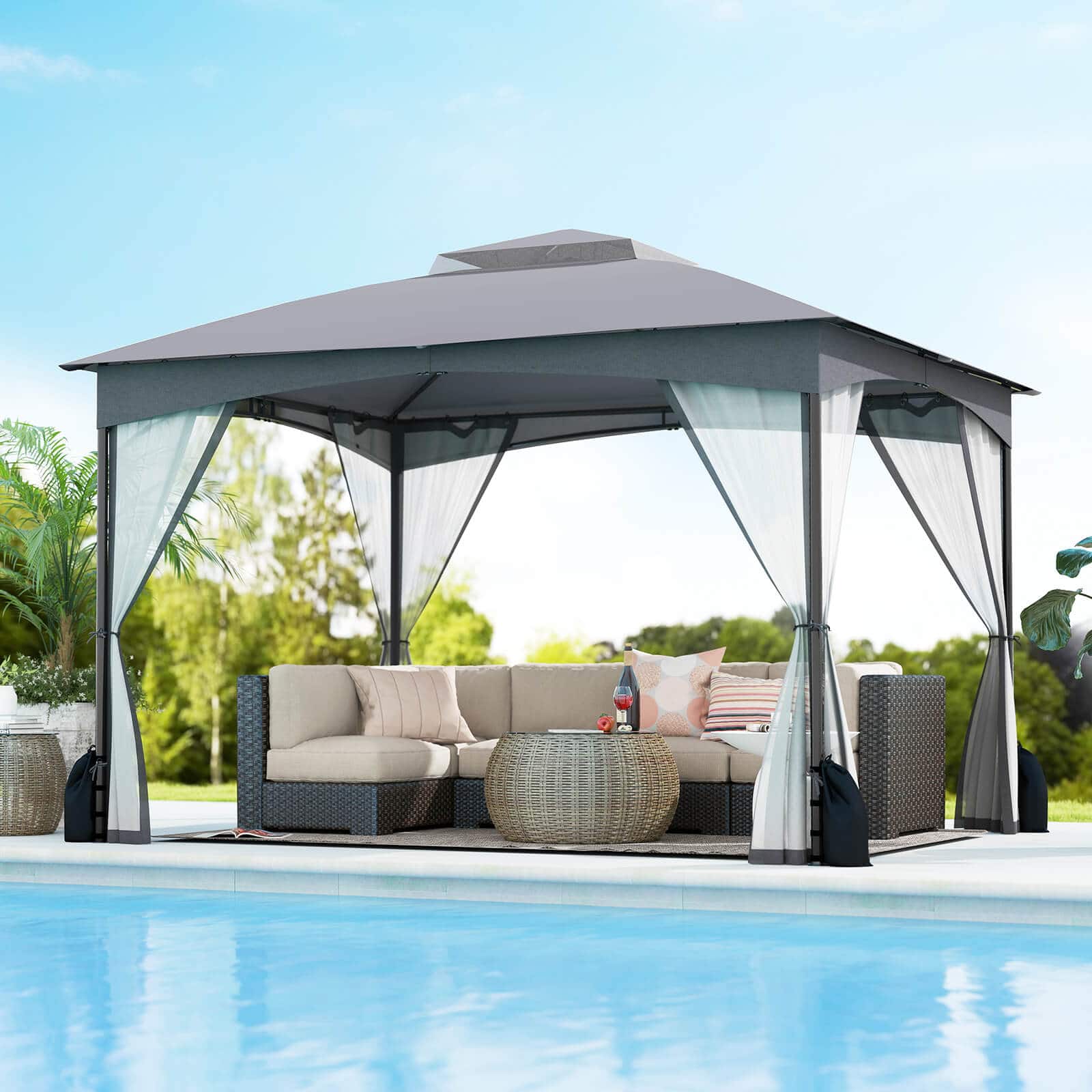 Costway - 10 X 12 FT Patio Gazebo with Netting Walls 4 Sandbags Zippered Doors Outdoor - Gray