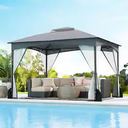 Costway - 10 X 12 FT Patio Gazebo with Netting Walls 4 Sandbags Zippered Doors Outdoor - Gray