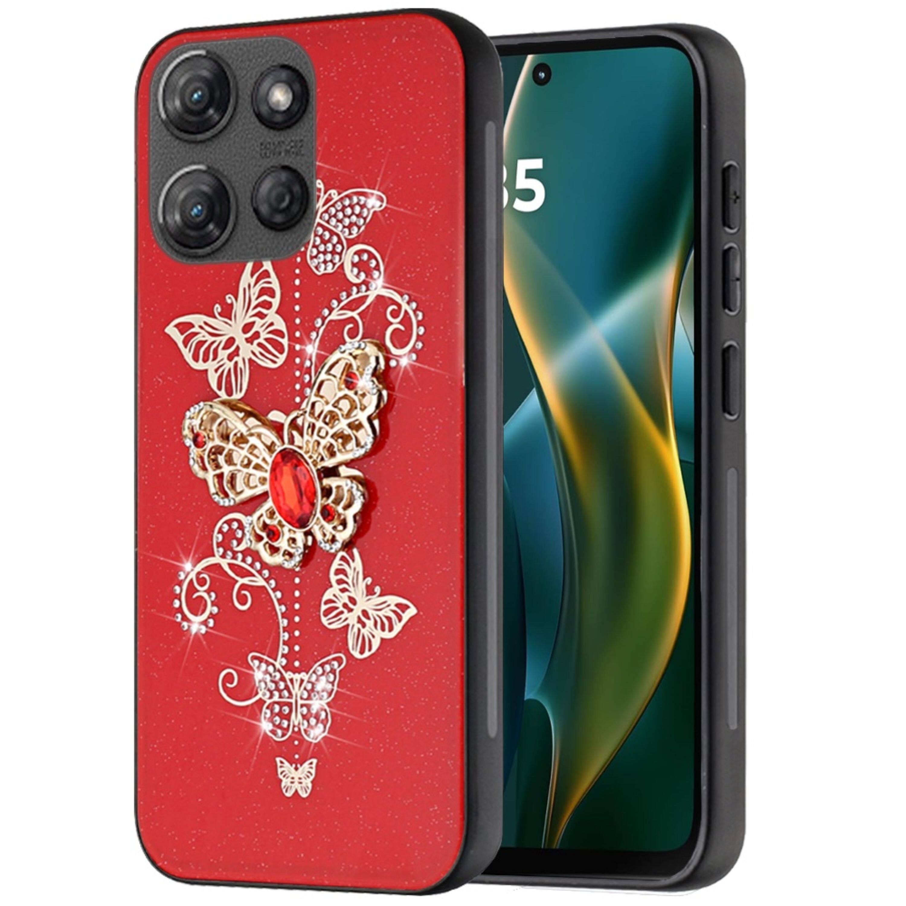 Left. Kitcheniva - Diamond Charms Glitter Bling Case Plus Tempered Glass For Moto G Stylus 2026/2025 Garden Butterflies Red - Red.