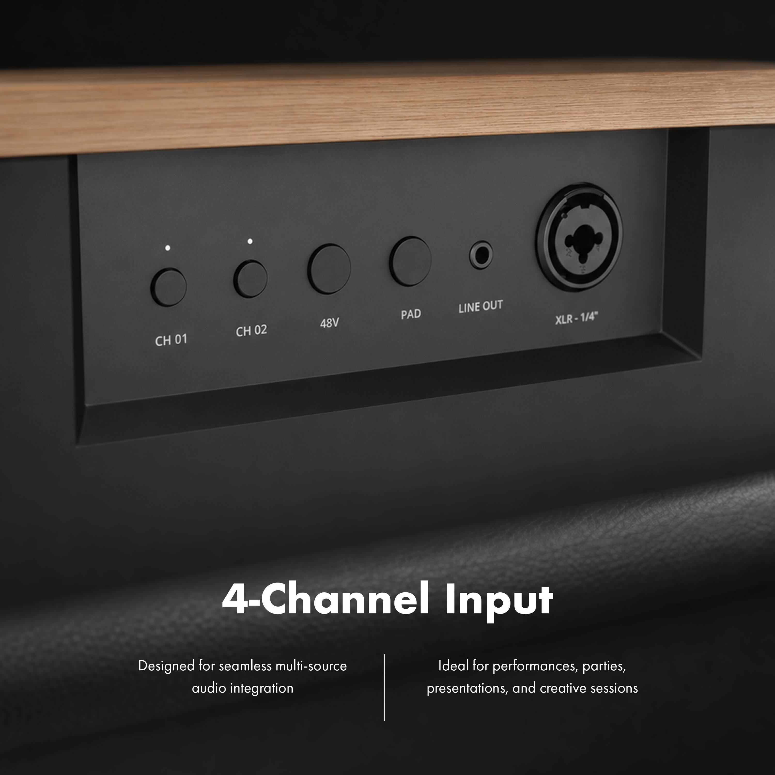 CH 01  
CH 02  
48V  
PAD  
LINE OUT  
XLR-1/4"  
4-Channel Input  
Designed for seamless multi-source audio integration  
Ideal for performances, parties, presentations, and creative sessions