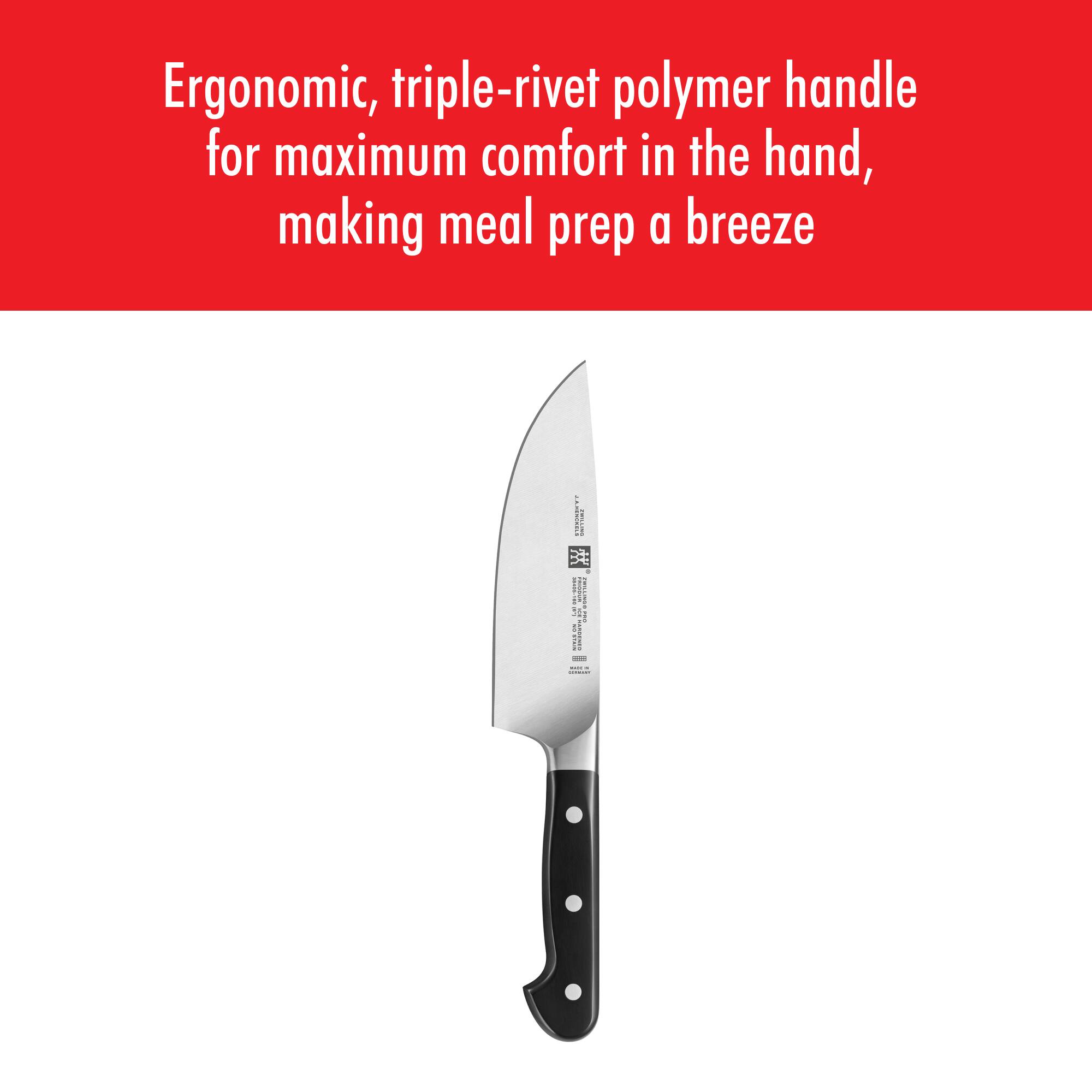 Ergonomic, triple-rivet polymer handle for maximum comfort in the hand, making meal prep a breeze