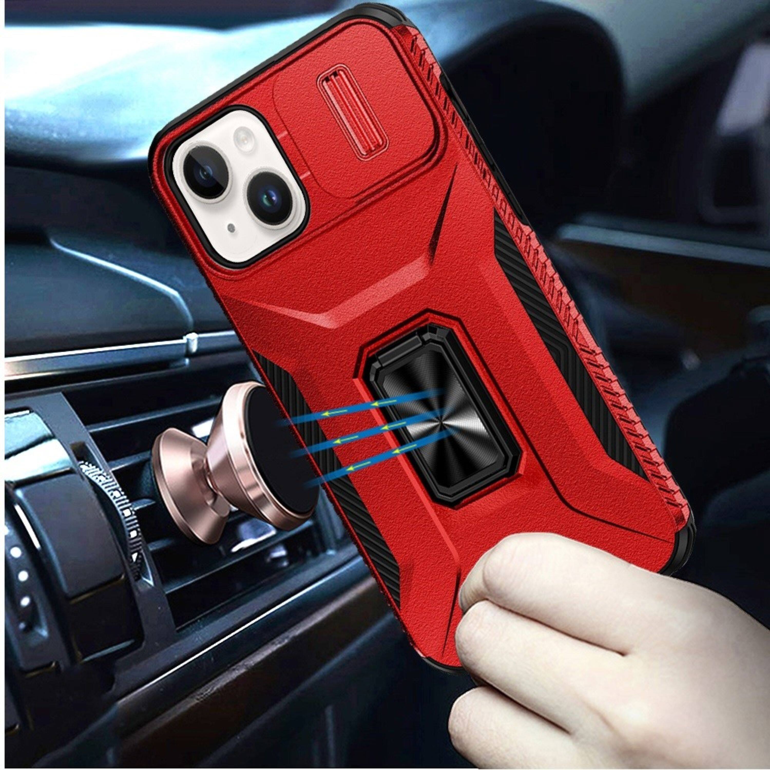 Angle. Kitcheniva - Full Coverage Metal Stand Lens Cover Phone Case With 2 Pcs Tempered Glass For iPhone 15 Red - Red.