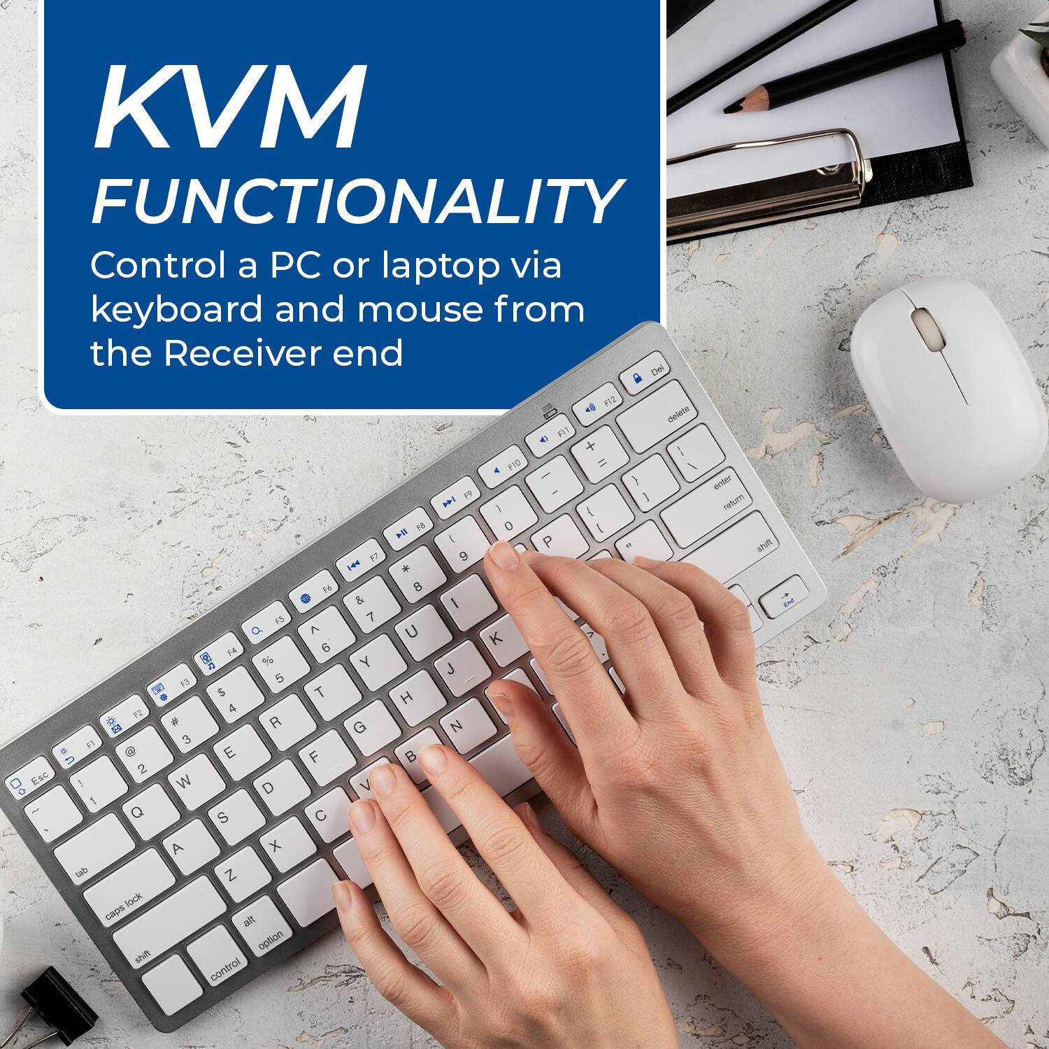 KVM Functionality: Control a PC or laptop via keyboard and mouse from the receiver end.