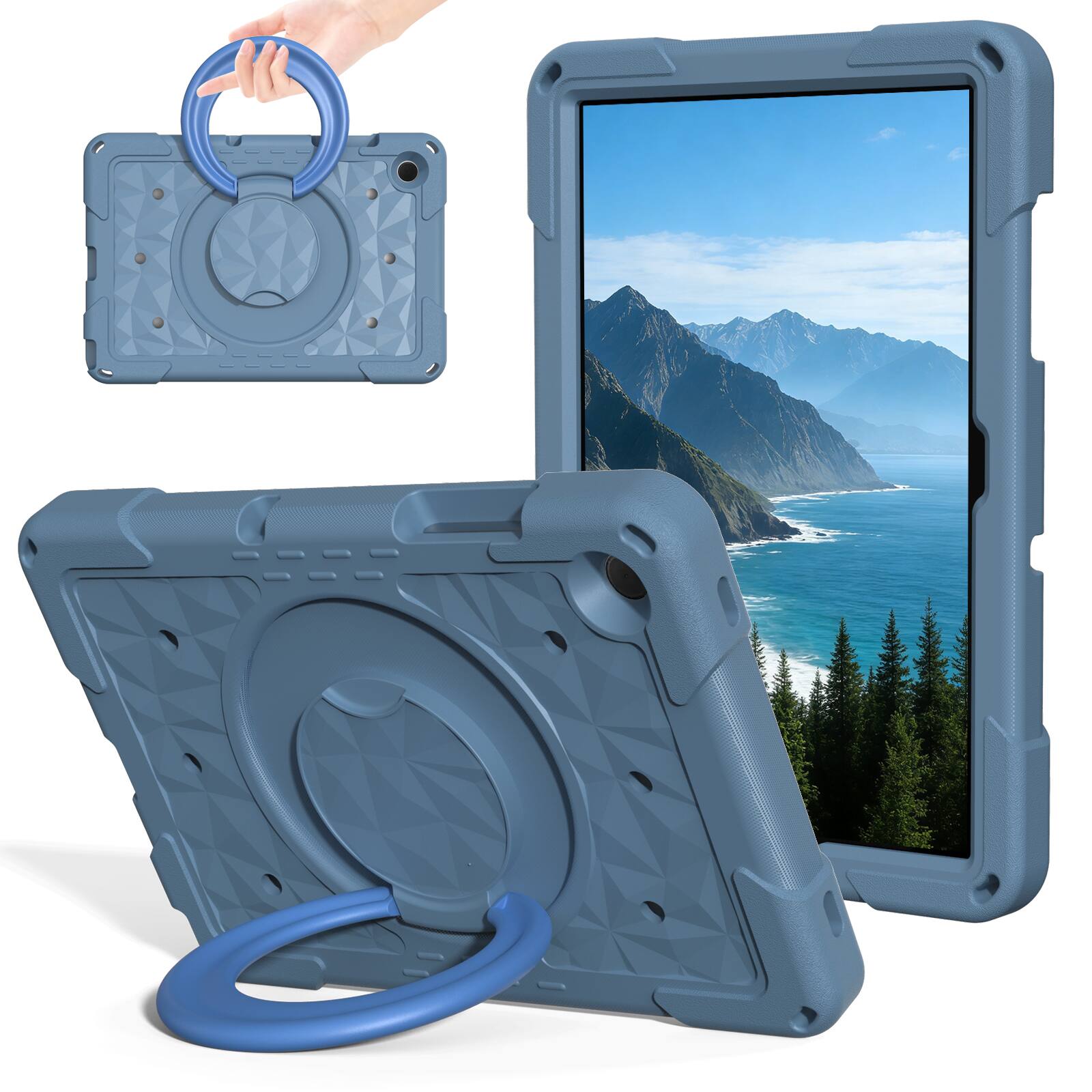 Left. Dteck - For Samsung Galaxy Tab A11+ 2025/ A9+ 2023 11-Inch Case, Rugged Shockproof 360° Rotating Grip Stand Cover + Strap - Gray+Blue.