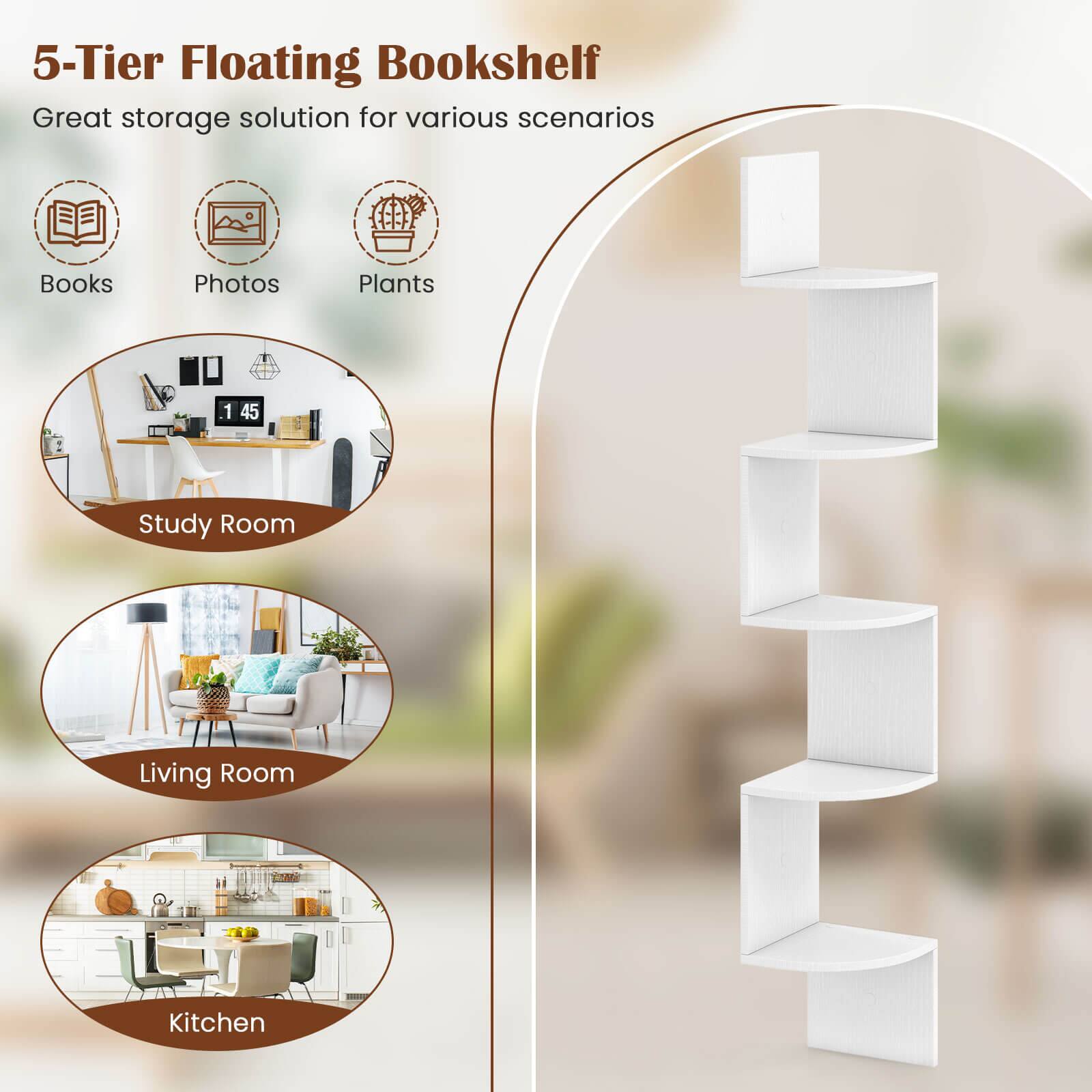 5-Tier Floating Bookshelf: Great storage solution for various scenarios. Books, Photos, Plants.