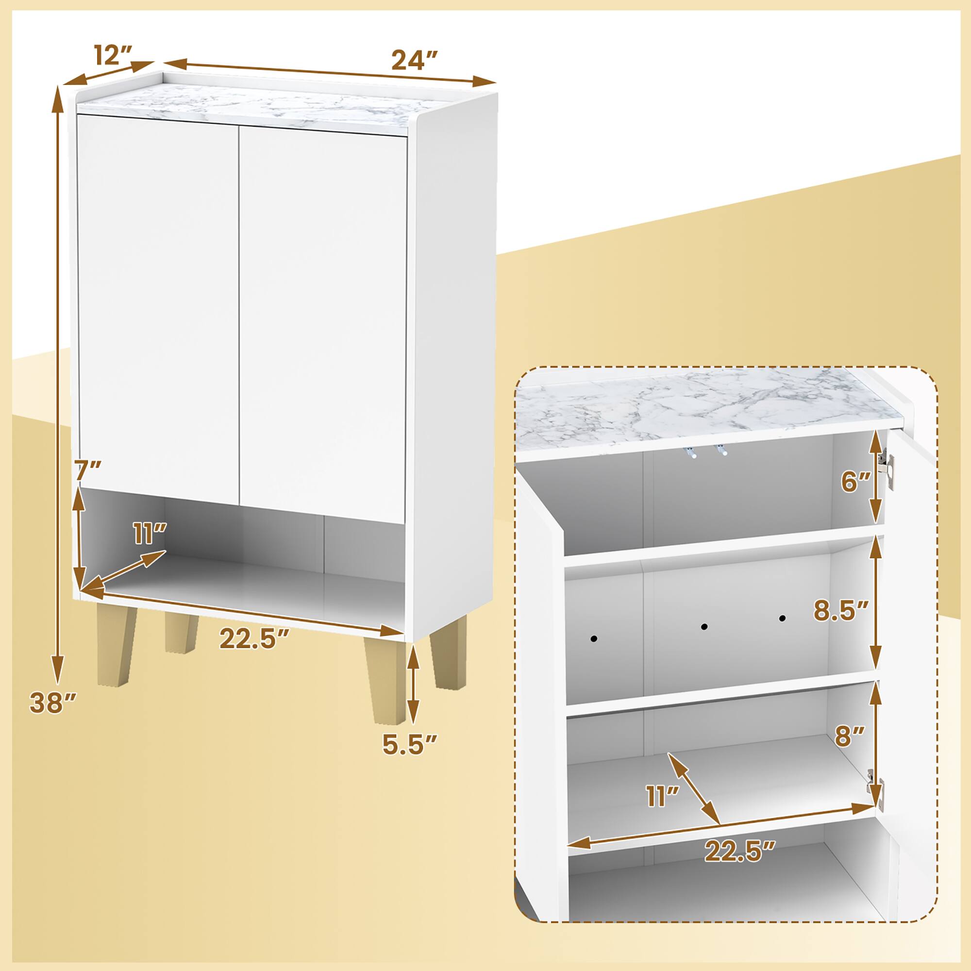 Sure, here is the corrected and grouped text from the image:

- **Top Cabinet:**
  - Width: 24"
  - Depth: 12"
  - Height: 38"

- **Shelf Dimensions:**
  - Width: 22.5"
  - Depth: 11"
  - Height: 8.5" (top shelf)
  - Height: 8" (middle shelf)
  - Height: 6" (bottom shelf)

- **Additional Dimensions:**
  - 7" (side height)
  - 5.5" (leg height)