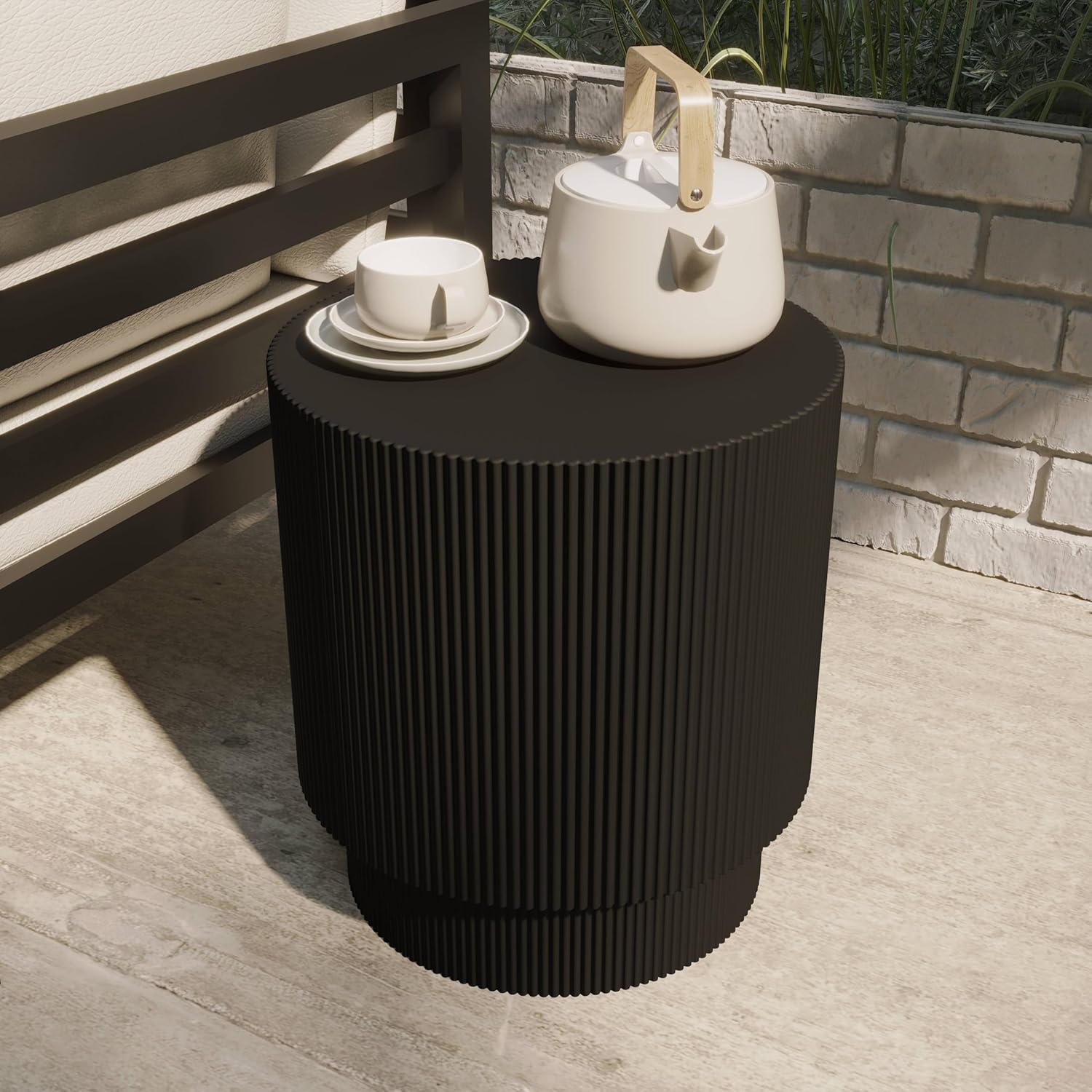 Left. LeisureMod - Eden Modern Stone Top Round Side Table, Indoor/Outdoor Weather Resistant Accent Table, Fully Assembled - Black.