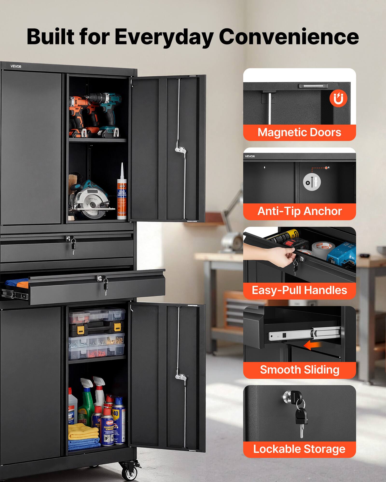 Built for Everyday Convenience

- Magnetic Doors
- Anti-Tip Anchor
- Easy-Pull Handles
- Smooth Sliding
- Lockable Storage