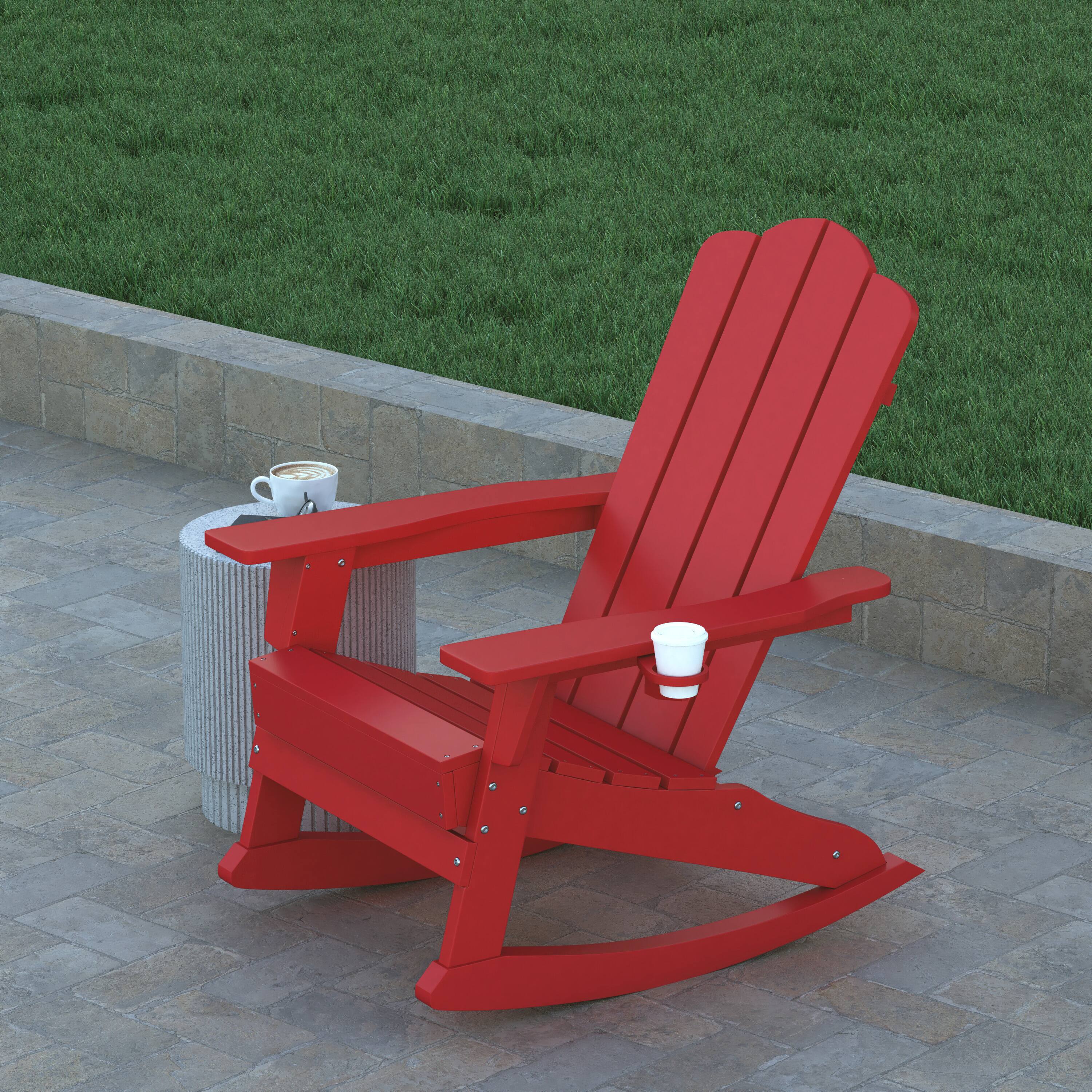 Alt View 4. Emma + Oliver - Haley Set of 2 Adirondack Rocking Chairs with Cup Holders, Weather Resistant HDPE Adirondack Rocking Chairs - Red.