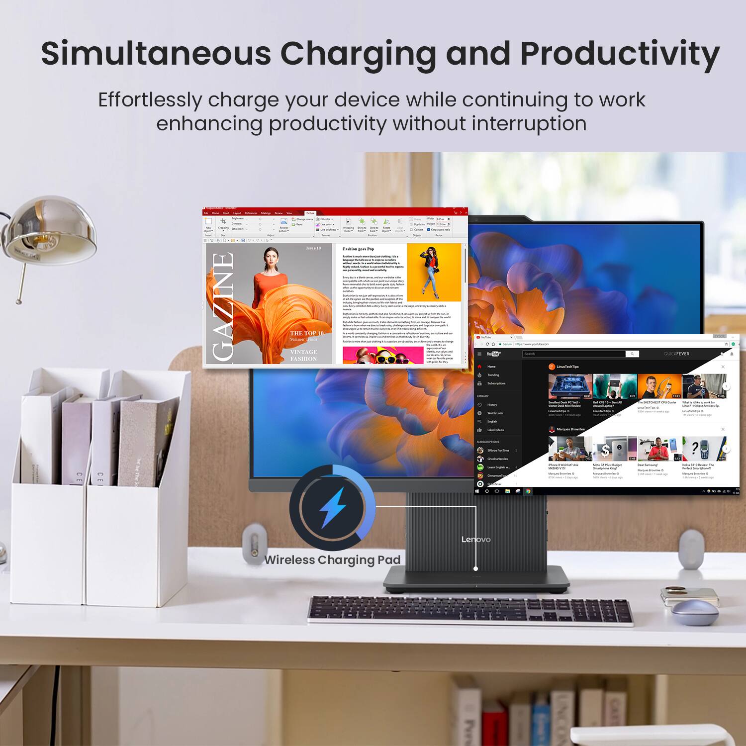 Simultaneous Charging and Productivity  
Effortlessly charge your device while continuing to work, enhancing productivity without interruption  

GAZINE  
THE TOP 10  
WINTER FASHION  

Lenovo Wireless Charging Pad