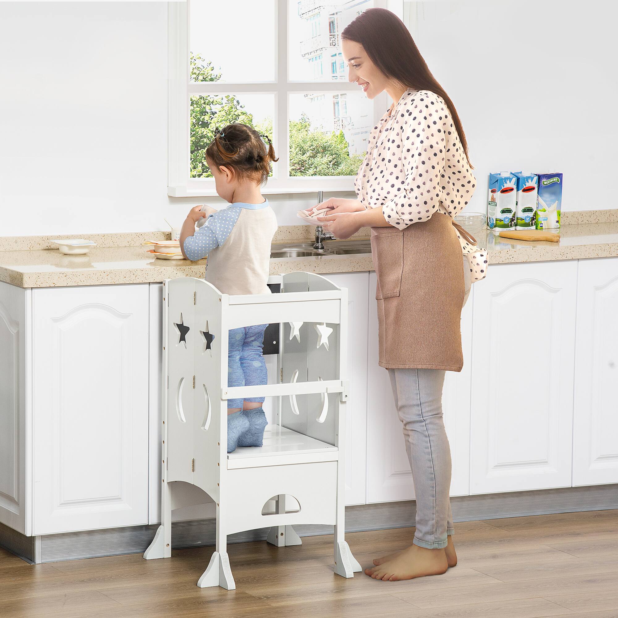 Angle. Qaba - 2 in 1 Kids Foldable Kitchen Step Stool, Toddler Standing Tower, Chalkboard, Lockable Handrail, Children 3-6 Years Old - White.