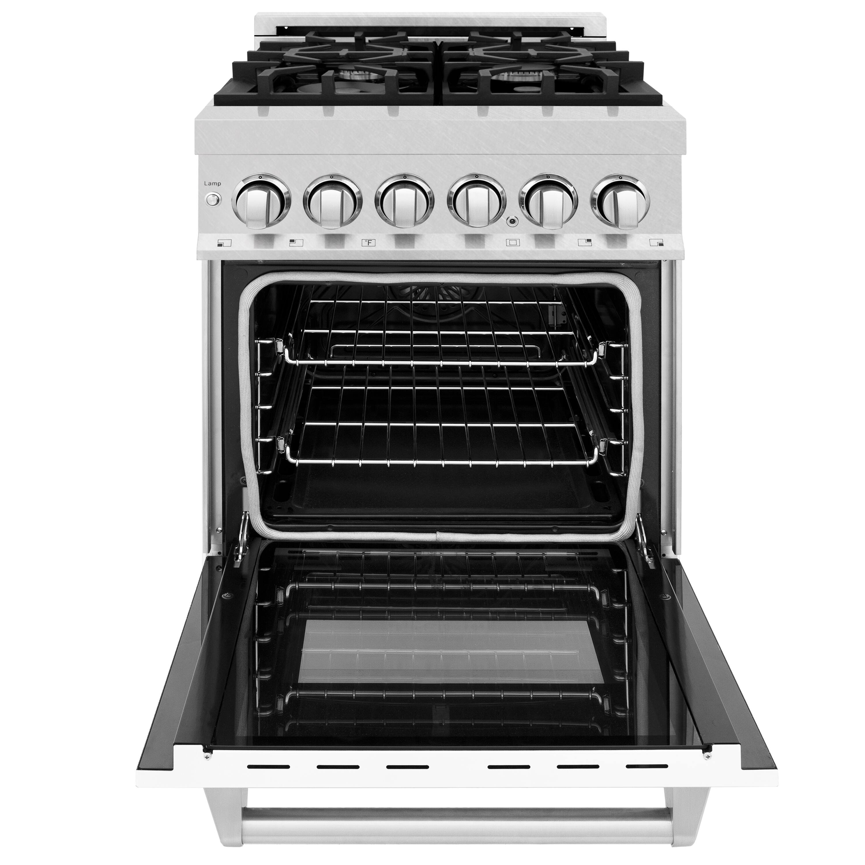 Left. ZLINE - ZLINE 24 in. Legacy Dual Fuel Range in Satin Stainless Steel w/ White Matte Door (RAS-WM-24) - Stainless steel.