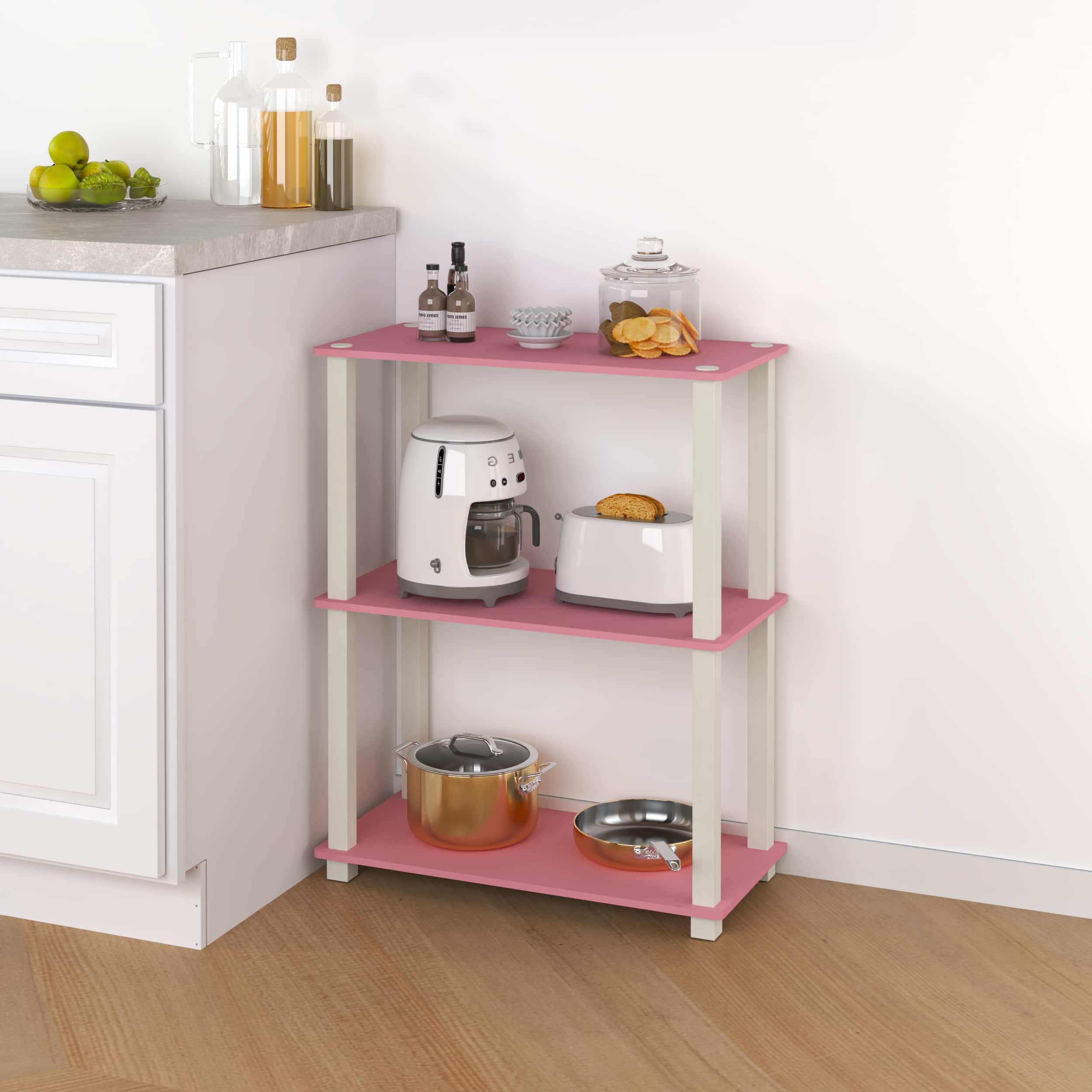 HOMLUX - 3-Tier 29.6" Corner Shelf Open Shelves for Display for Living Room and Office Organization - Pink & White