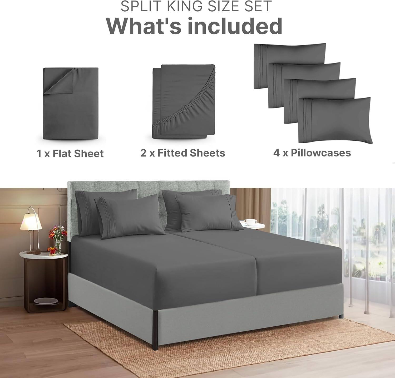 SPLIT KING SIZE SET  
What's included  
1 x Flat Sheet  
2 x Fitted Sheets  
4 x Pillowcases