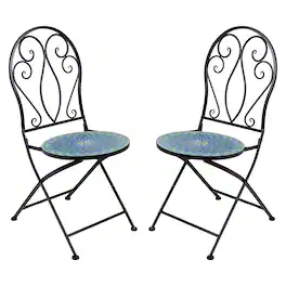 Sunnydaze - Mosaic Tile Bistro Chair with Iron Frame - 2-Pack - Blue Mosaic
